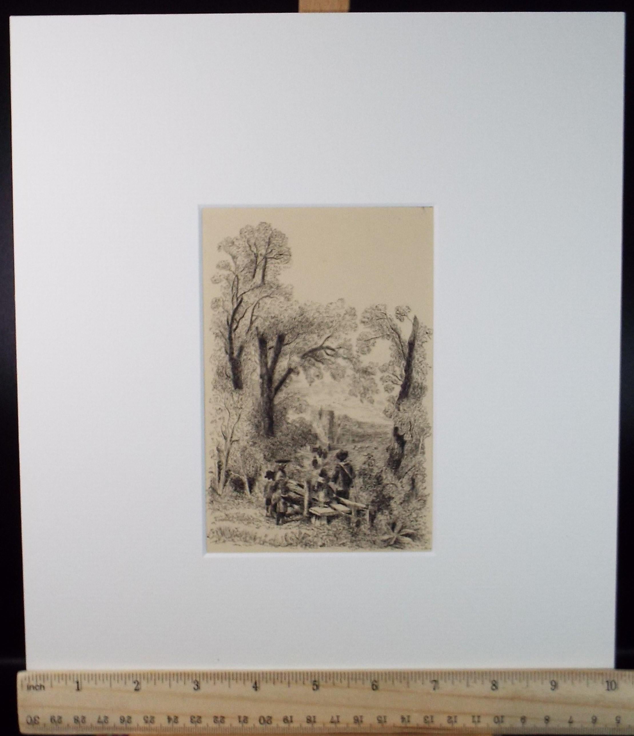 Original Pen and ink drawing, 'Figures at a Stile', circa 1860's, Artist Unknown