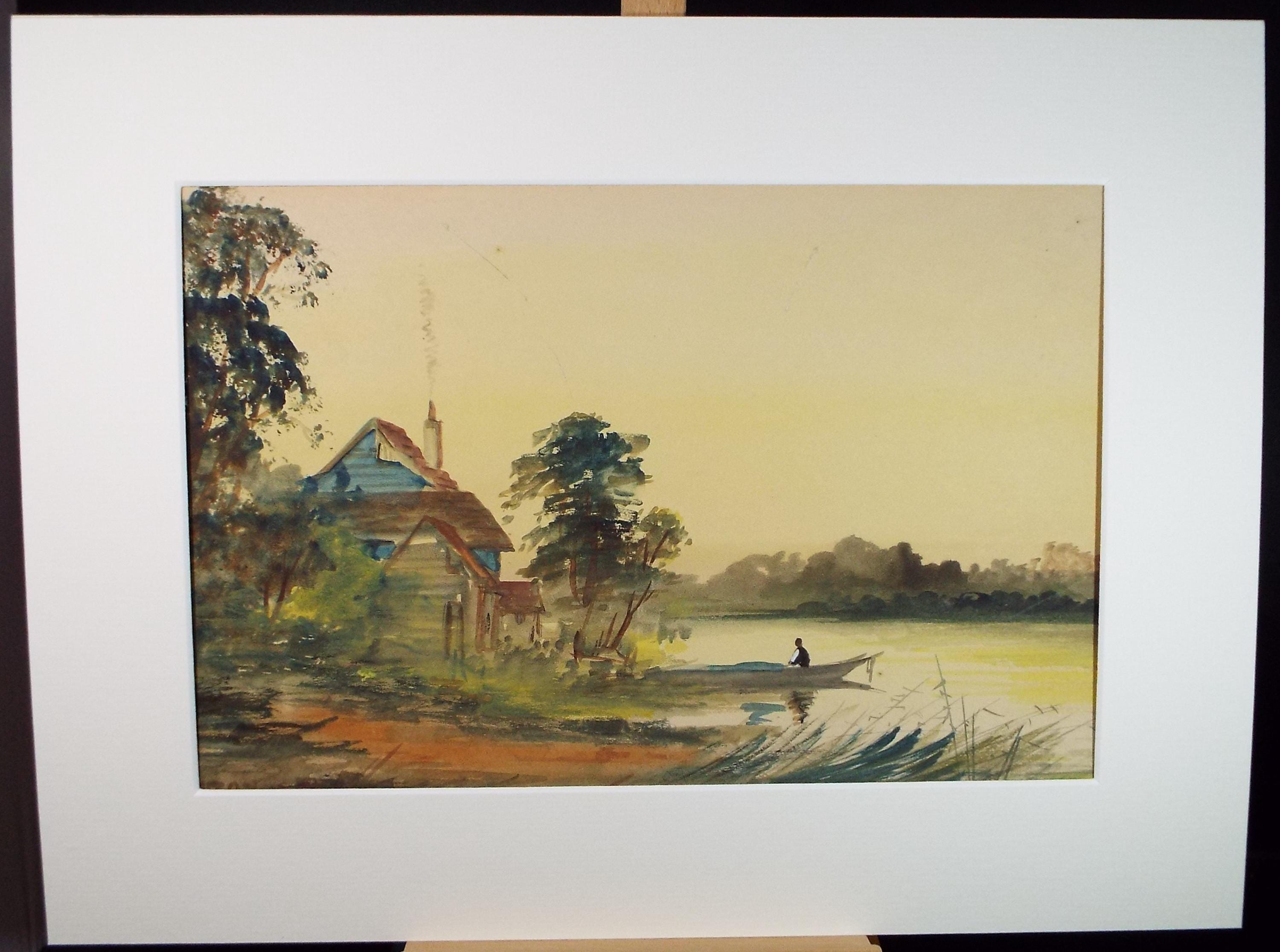 Original Watercolour, 'On a River at Sunset', Artist Unknown, Circa 1920's