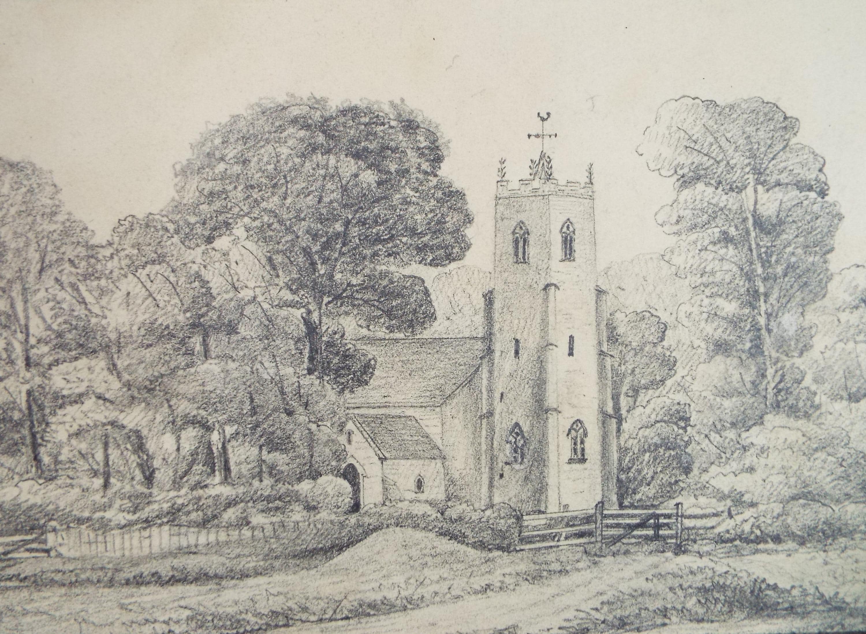 Original Pencil drawing, 'Crostwick Church', Dated 1873, artist unknown