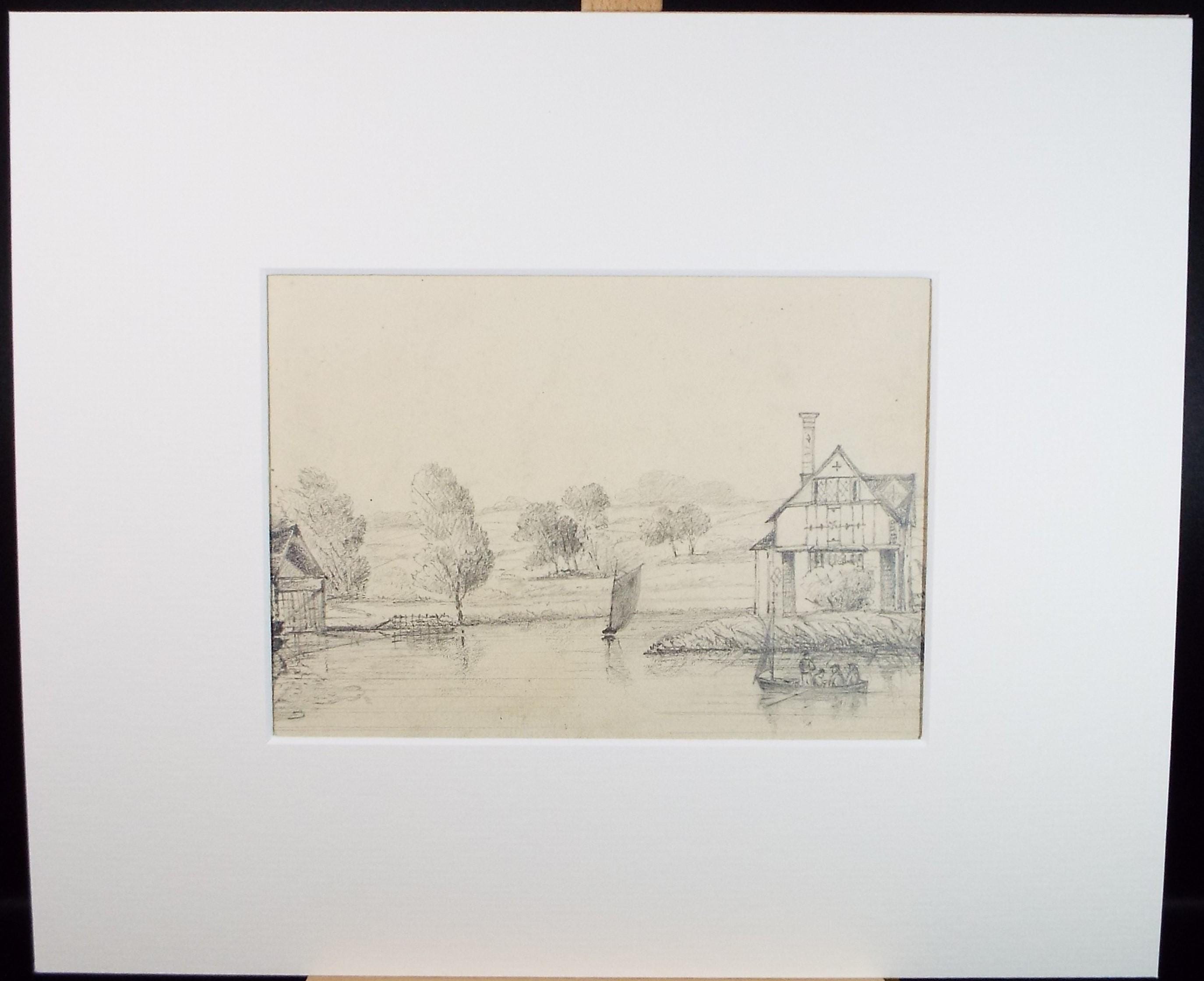 Original Pencil drawing, 'On the River', Circa 1870's, artist unknown