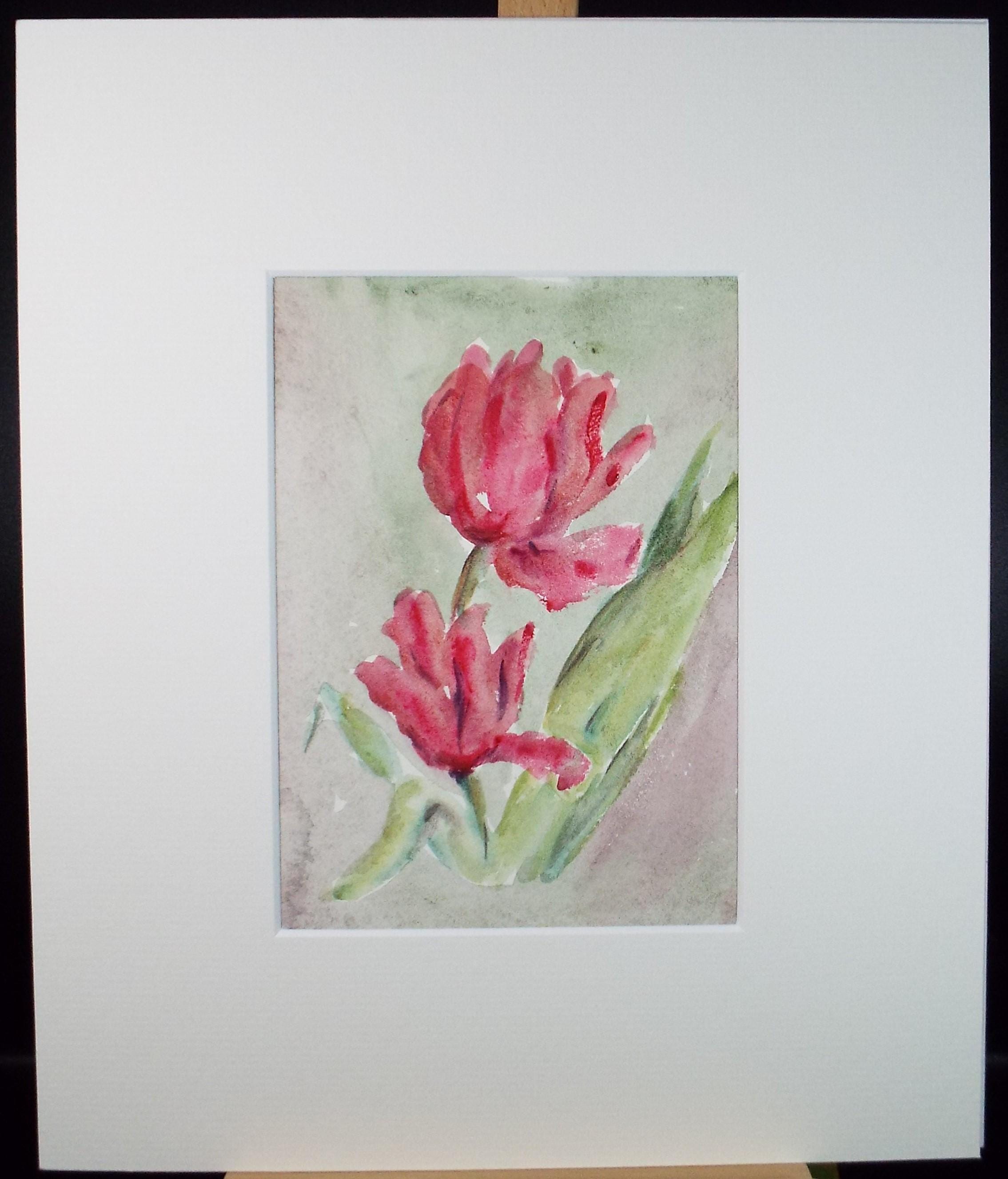 Original Watercolour, 'Red Tulips', Circa 1980's, Artist Unknown