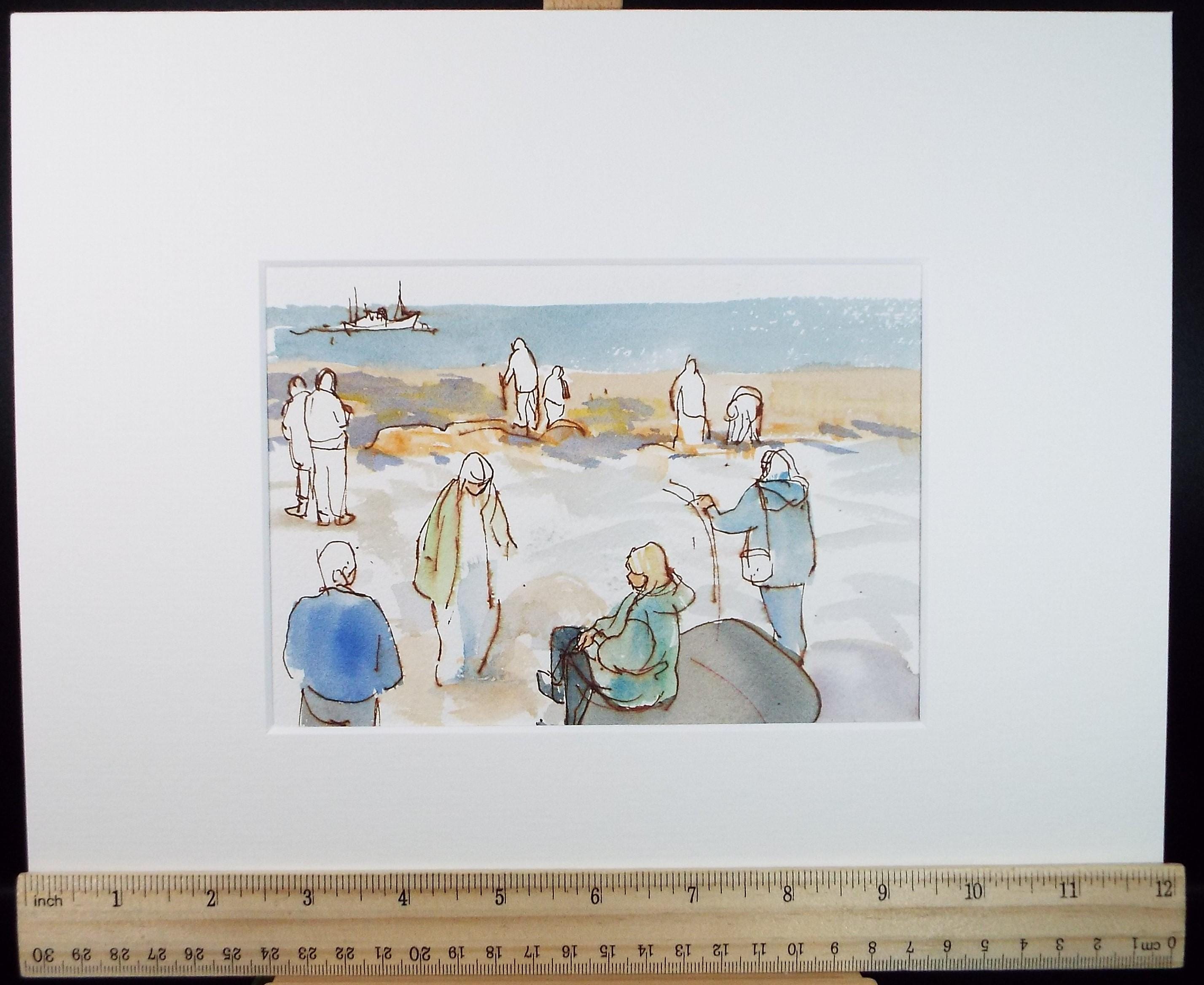 Original Watercolour,'Figures on the Beach', circa 1980's, Michael Stone b1922