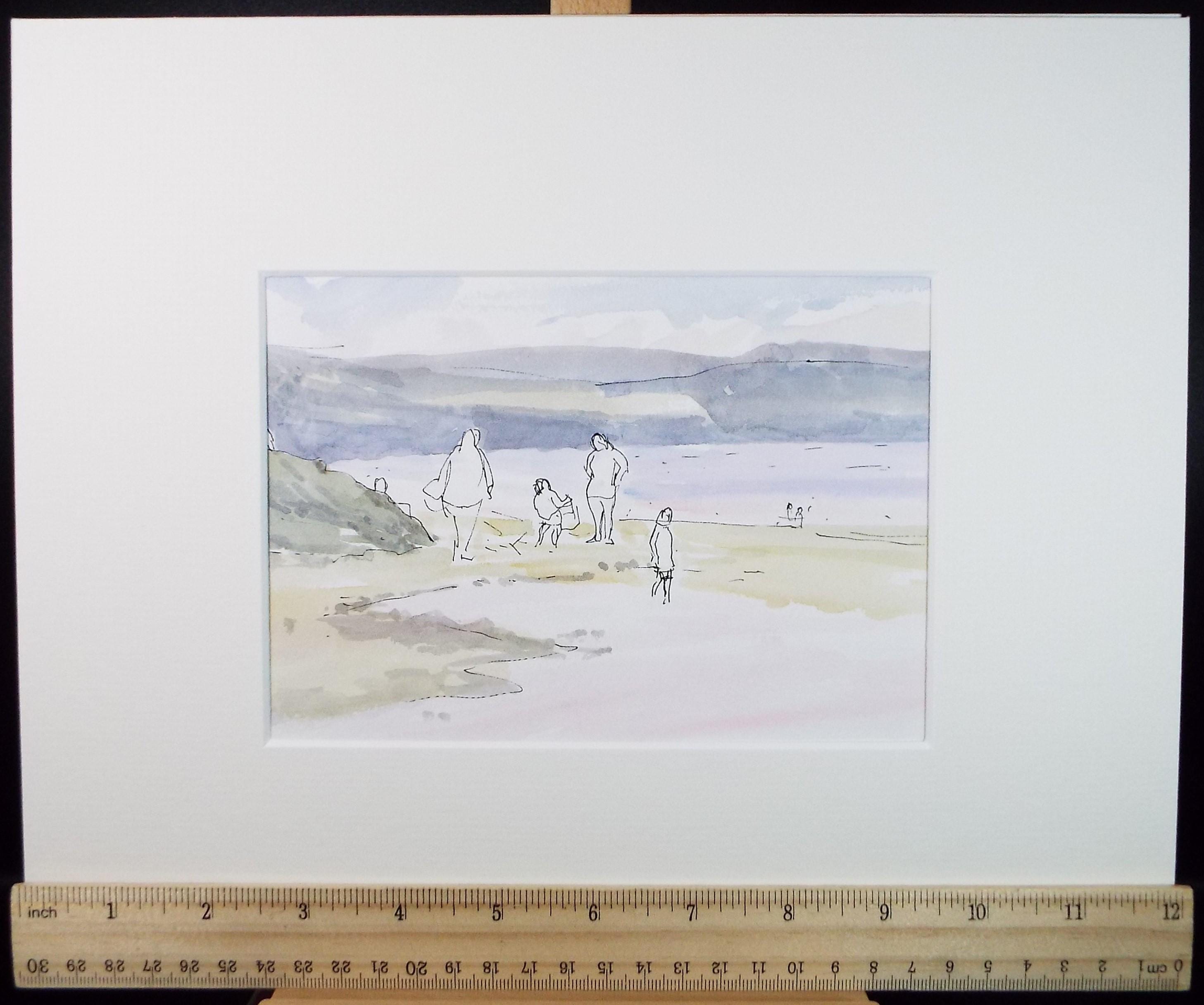 Original Watercolour,'Figures on the Beach', circa 1980's, Michael Stone b1922