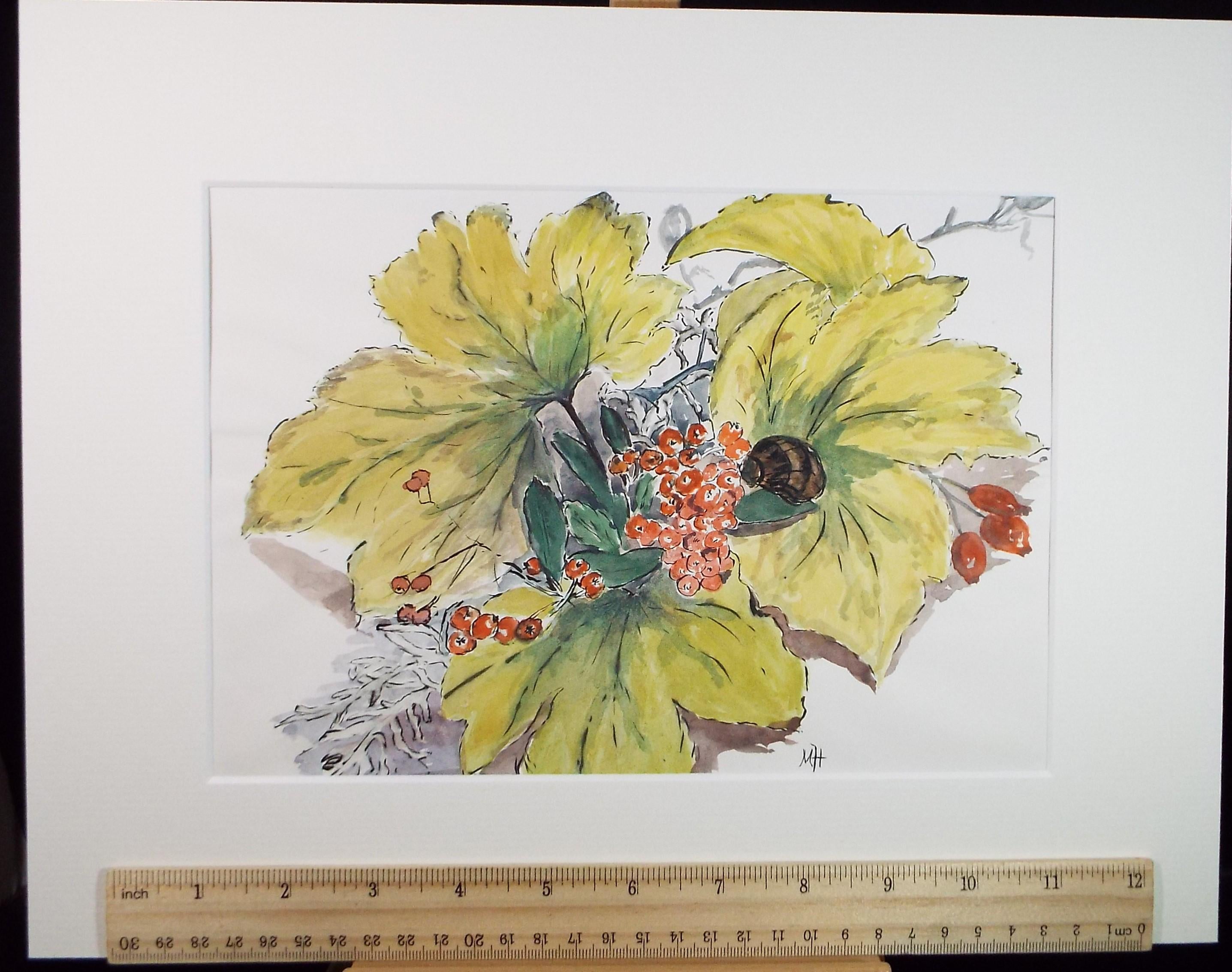 Original Watercolour, 'Autumn Leaves and Berries', Circa 1980's, Marie W. Hiorns