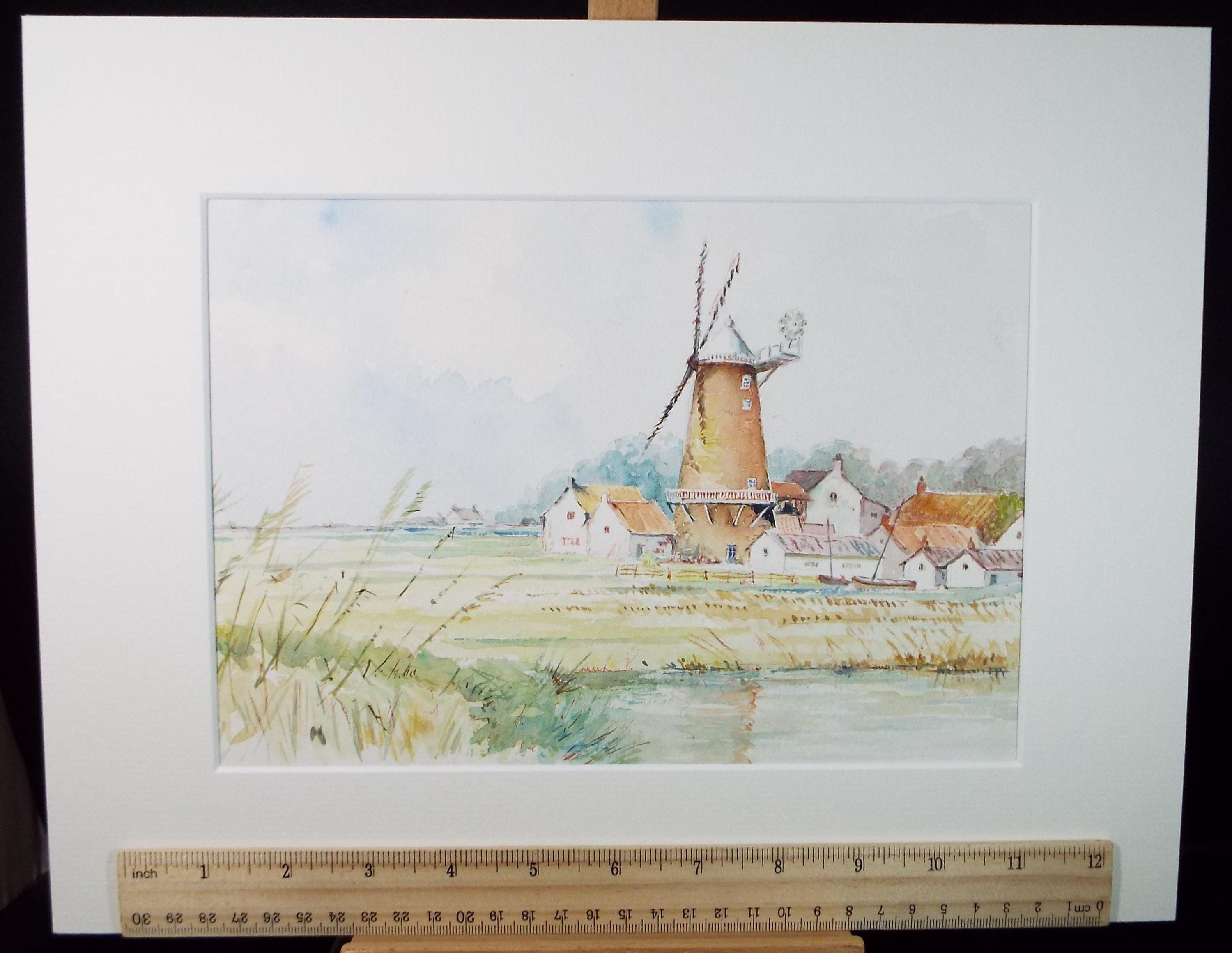 Original Watercolour, 'Suffolk Windmill', Circa 1980's, V R Burrow
