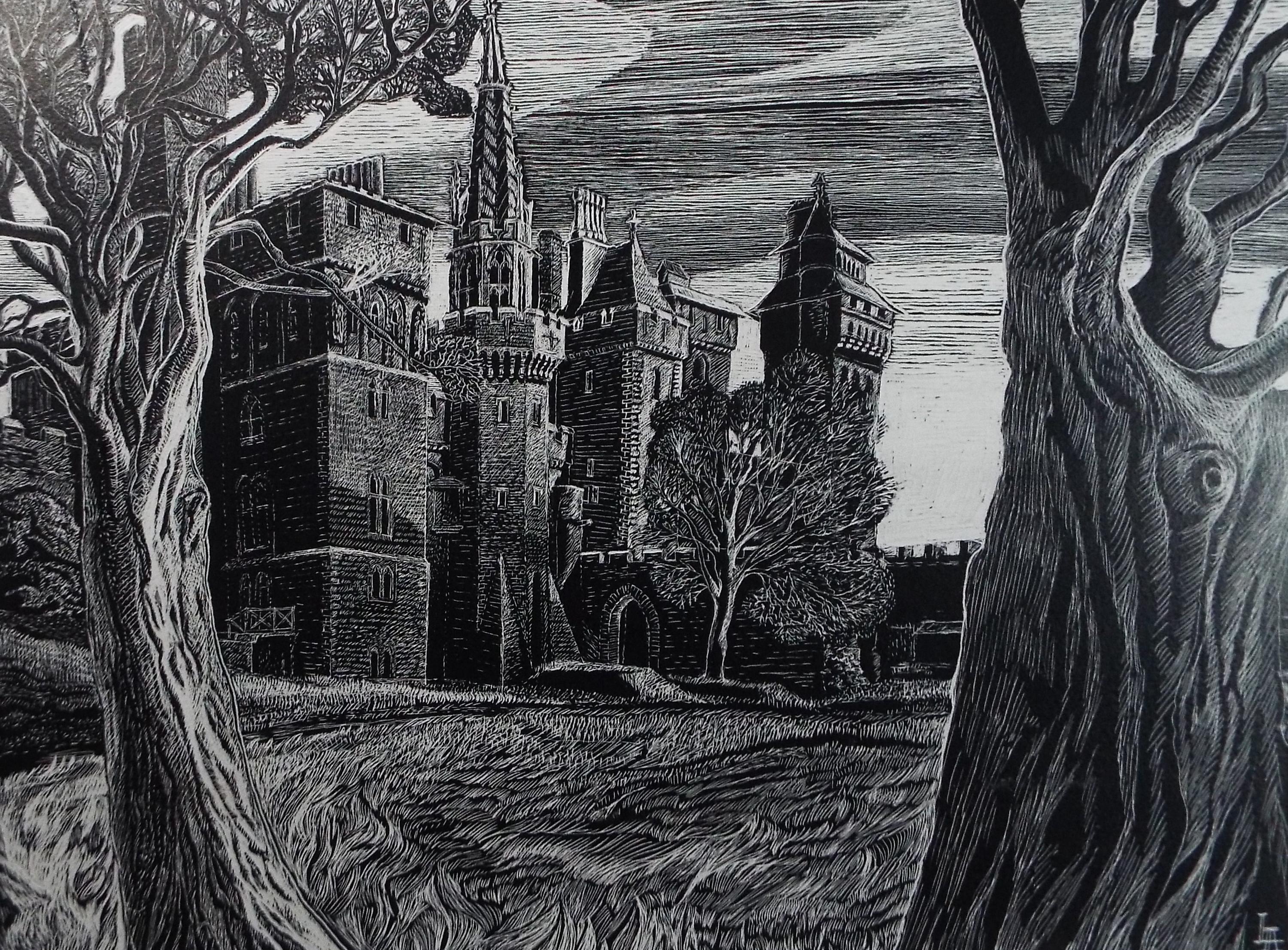 Original Scraperboard drawing, 'Gothic Building in a Landscape', Lorraine Abraham RSMA (1941-2023), Circa 1990's