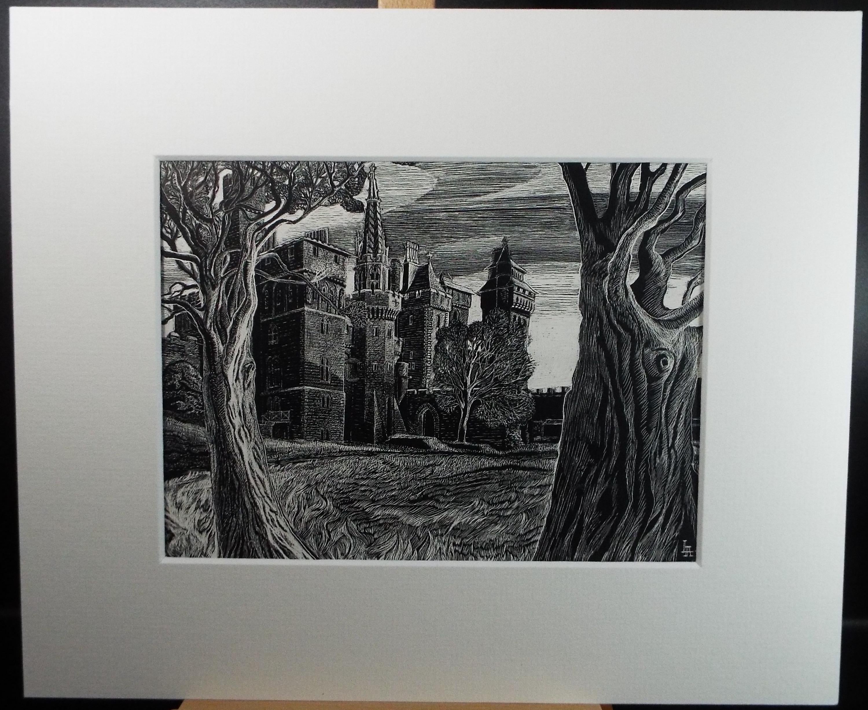 Original Scraperboard drawing, 'Gothic Building in a Landscape', Lorraine Abraham RSMA (1941-2023), Circa 1990's