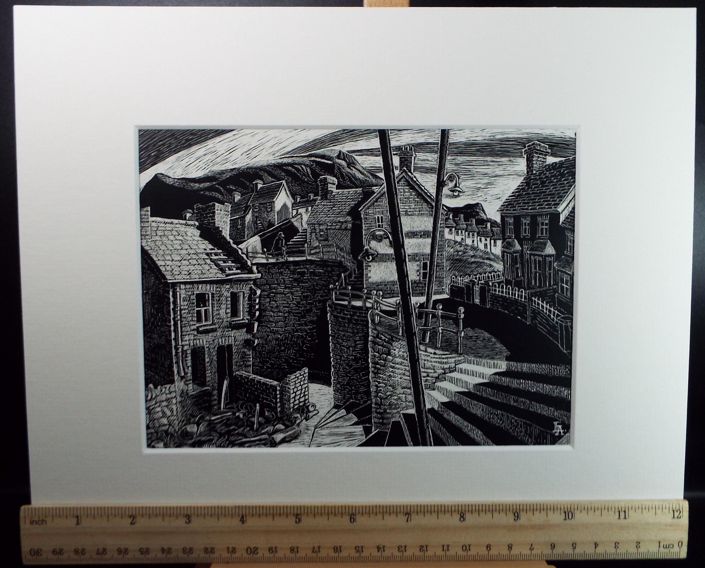 Original Scraperboard drawing, 'Mining Village', Lorraine Abraham RSMA (1941-2023), Circa 1990's