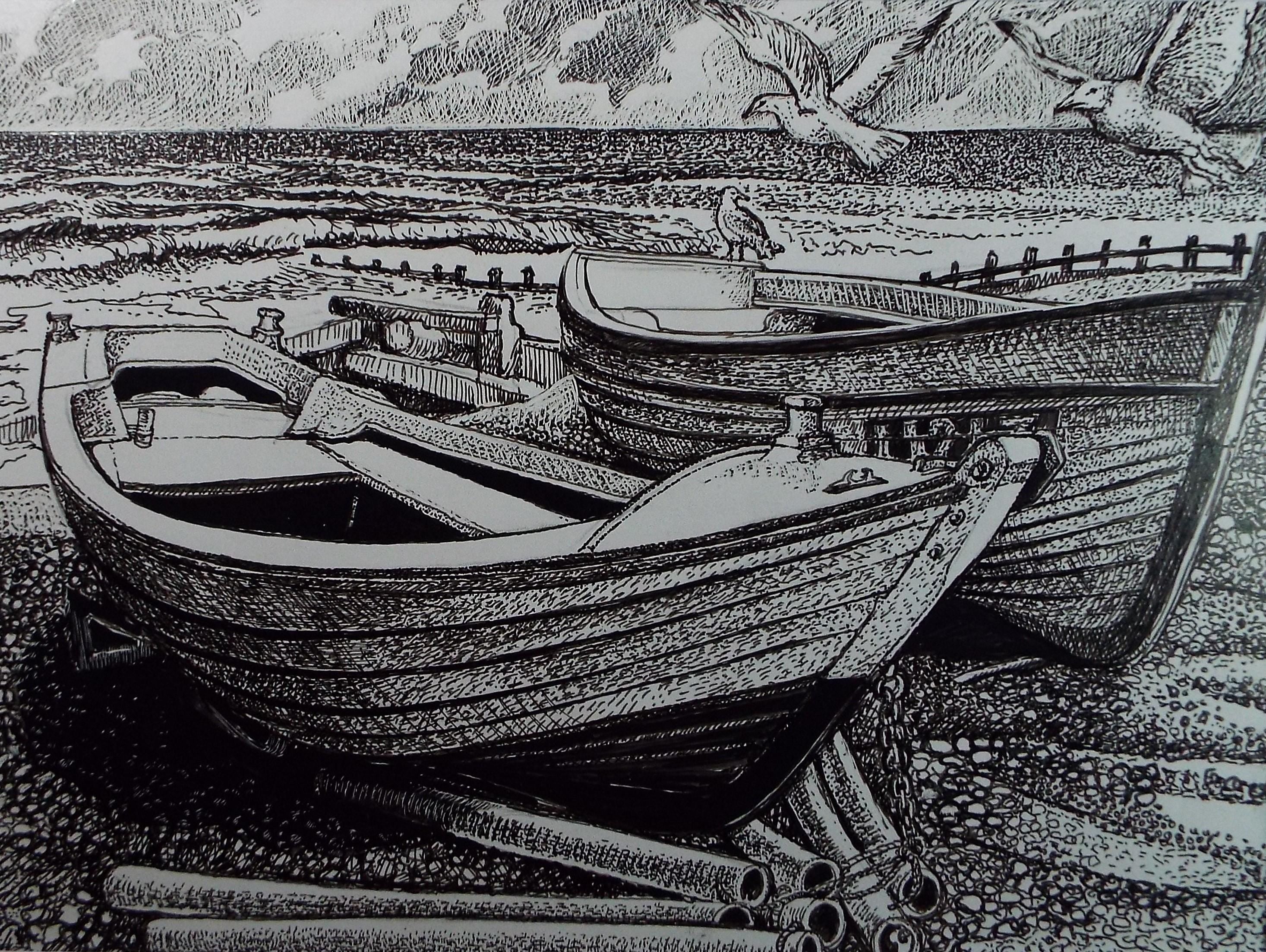 Original Scraperboard & ink drawing, 'Boats on the Shore', Lorraine Abraham RSMA (1941-2023), Dated 1993