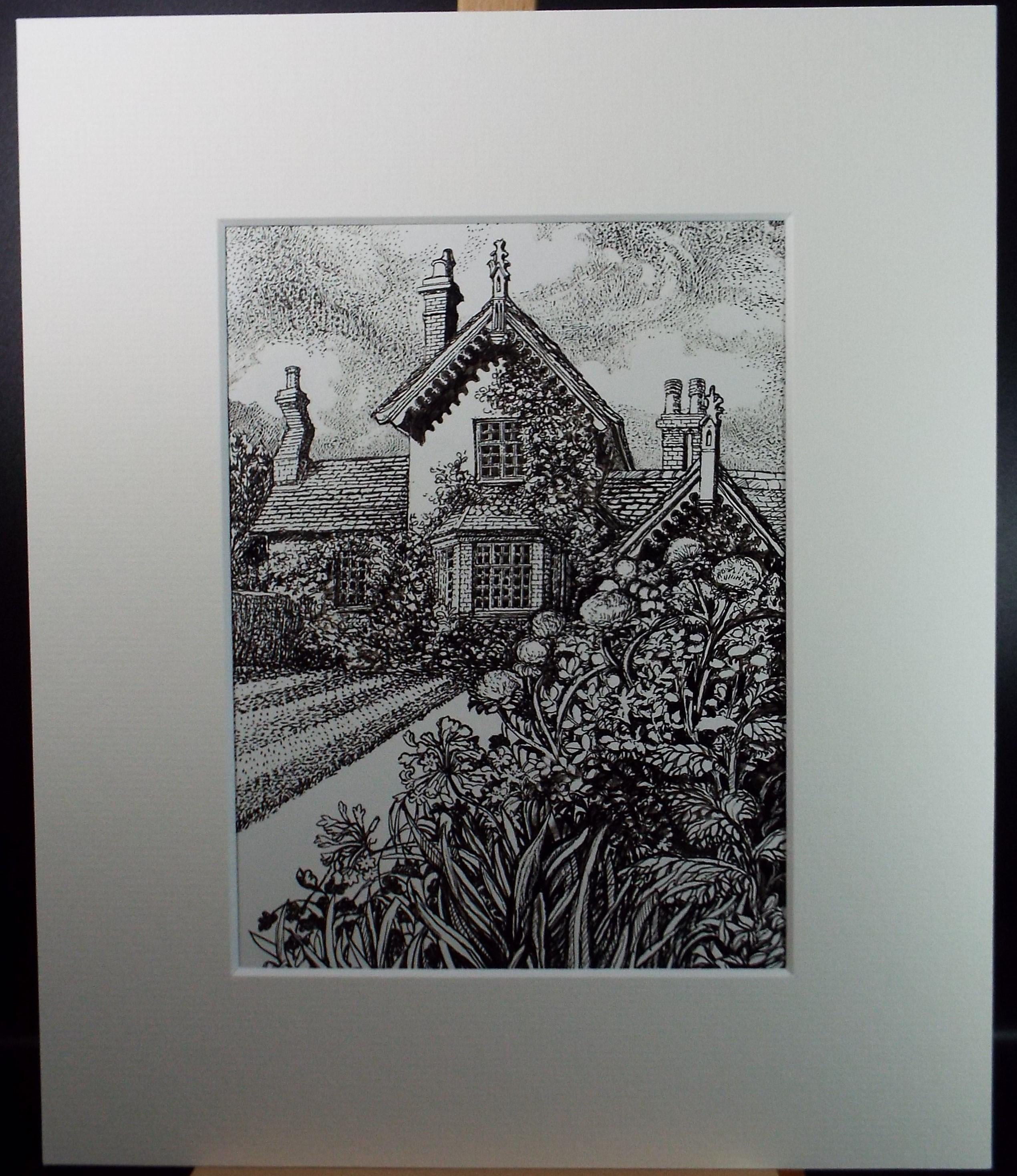 Original Scraperboard & ink drawing, 'Country Cottage and Summer Garden', Lorraine Abraham RSMA (1941-2023), Circa 1990's