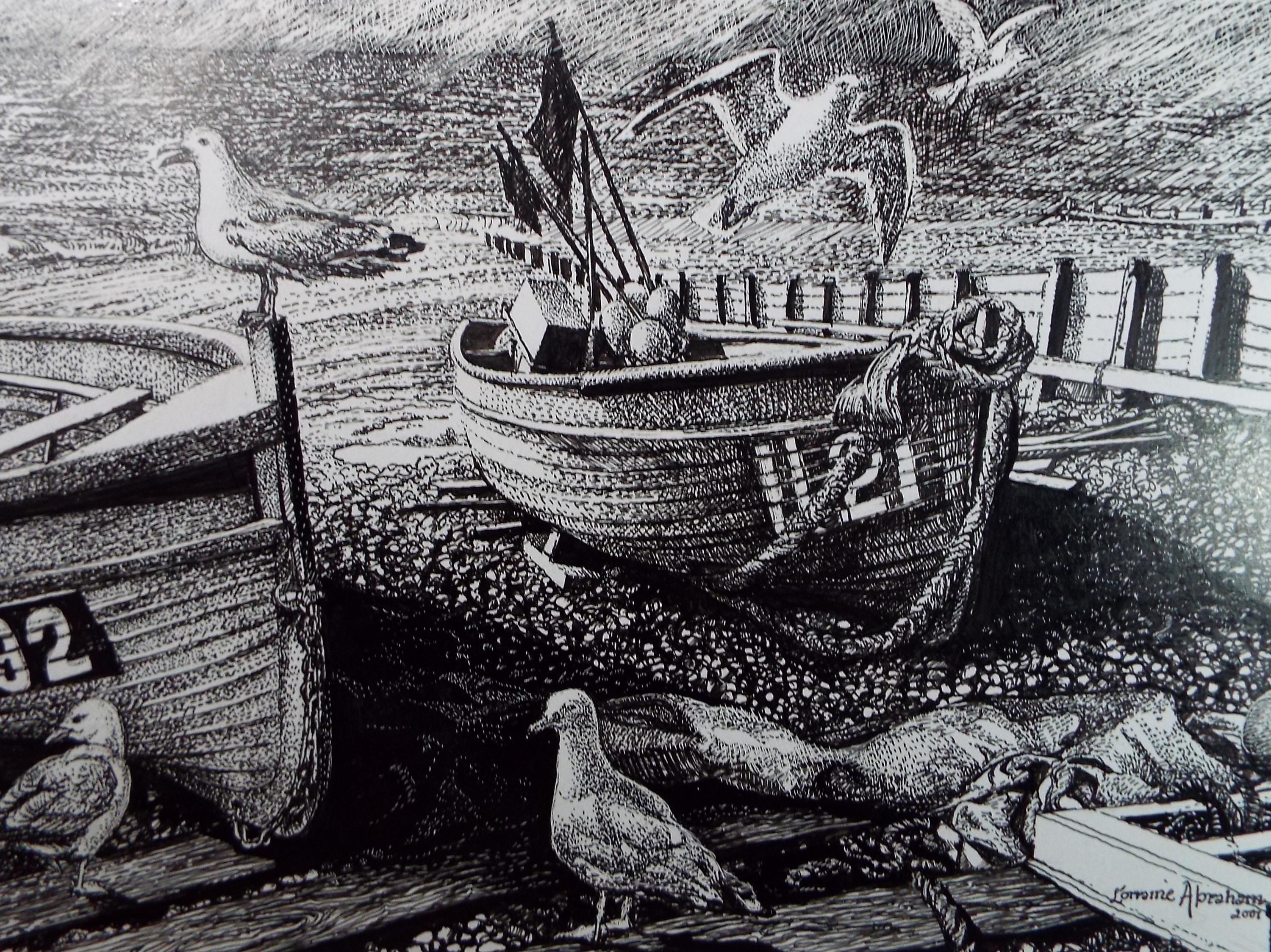 Original Scraperboard & ink drawing, 'Boats on the Shore with Seagulls', Lorraine Abraham RSMA (1941-2023), Dated 2001