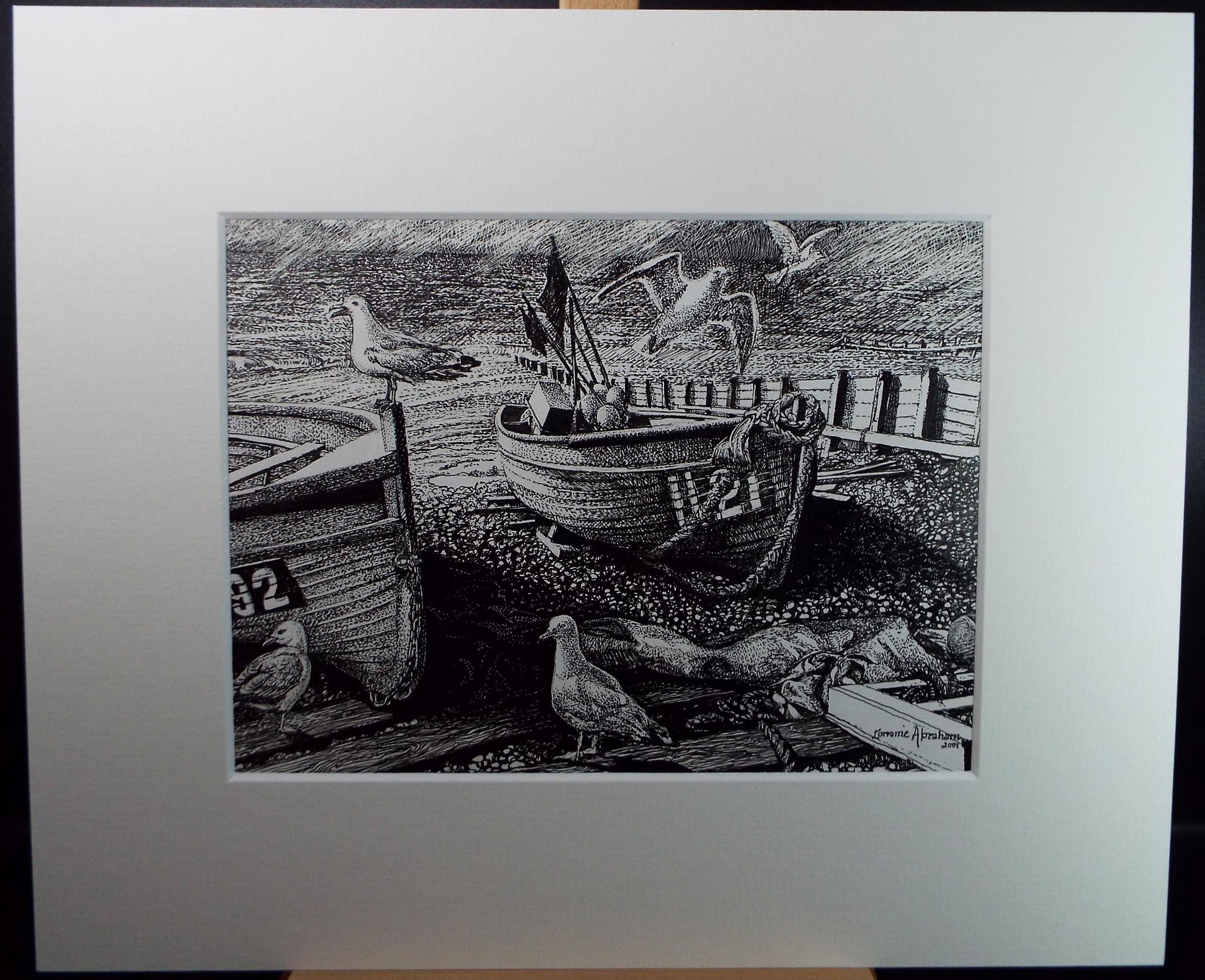 Original Scraperboard & ink drawing, 'Boats on the Shore with Seagulls', Lorraine Abraham RSMA (1941-2023), Dated 2001