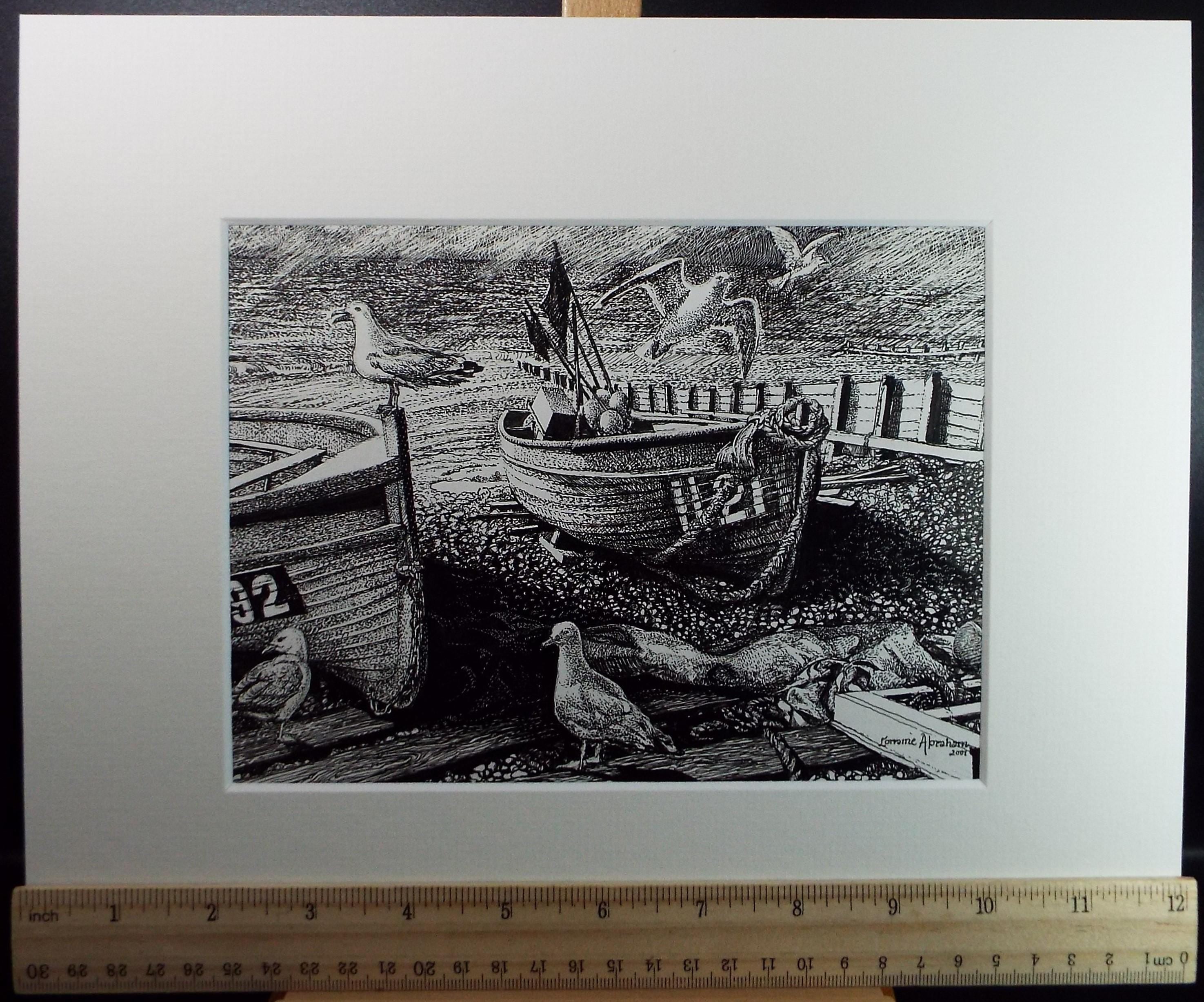 Original Scraperboard & ink drawing, 'Boats on the Shore with Seagulls', Lorraine Abraham RSMA (1941-2023), Dated 2001