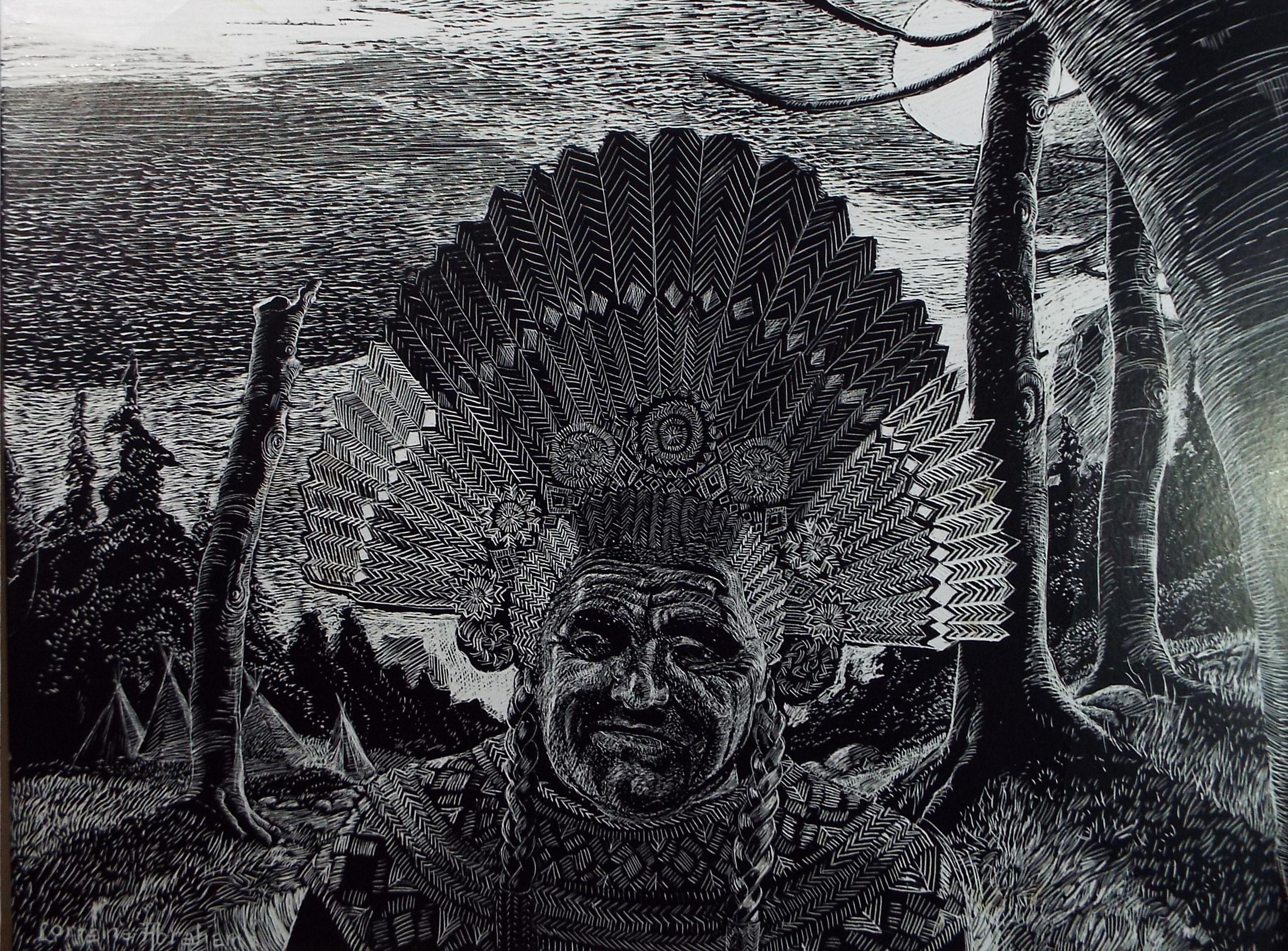Original Scraperboard drawing, 'The Chief', Lorraine Abraham RSMA (1941-2023), Circa 1990's
