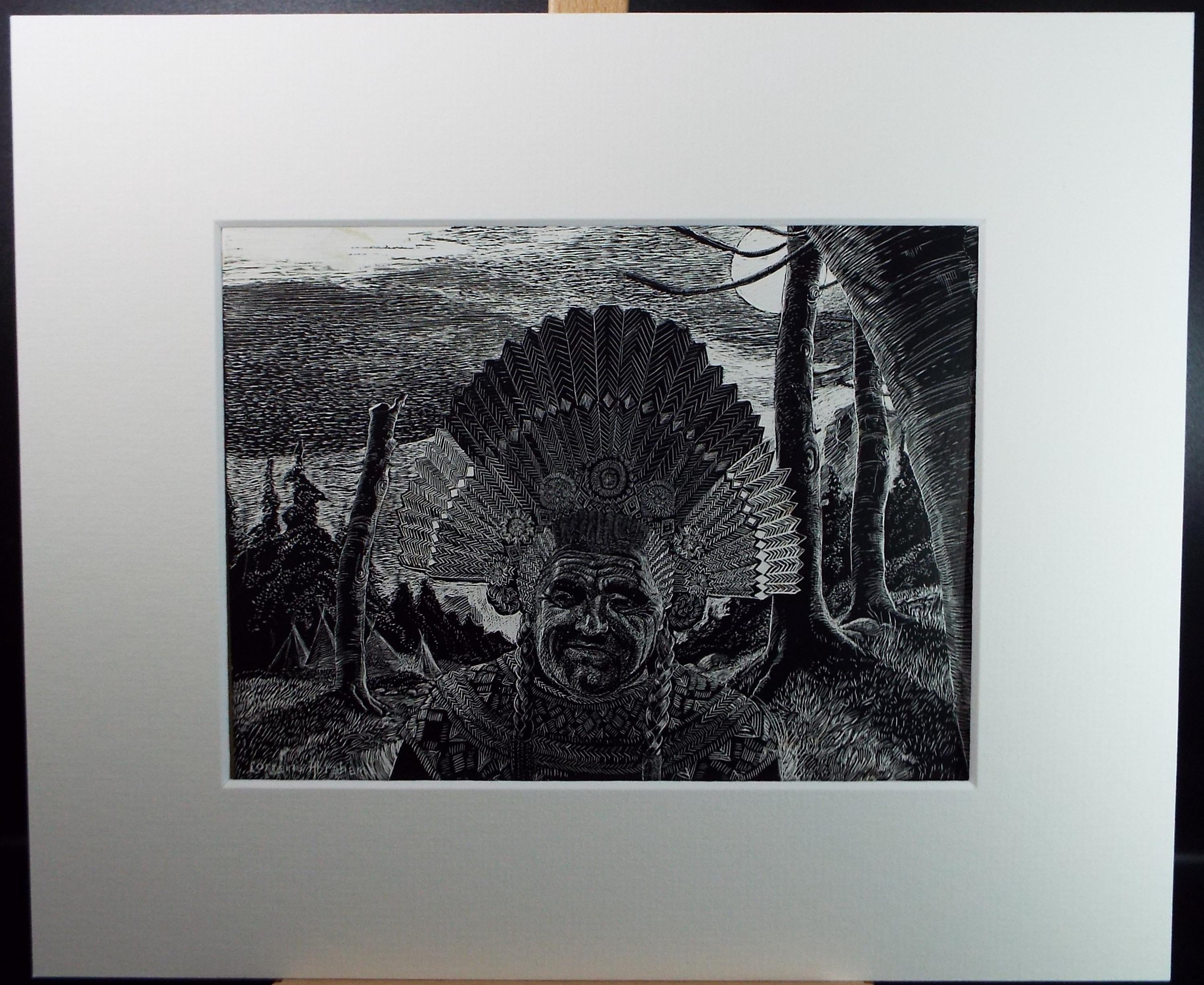 Original Scraperboard drawing, 'The Chief', Lorraine Abraham RSMA (1941-2023), Circa 1990's