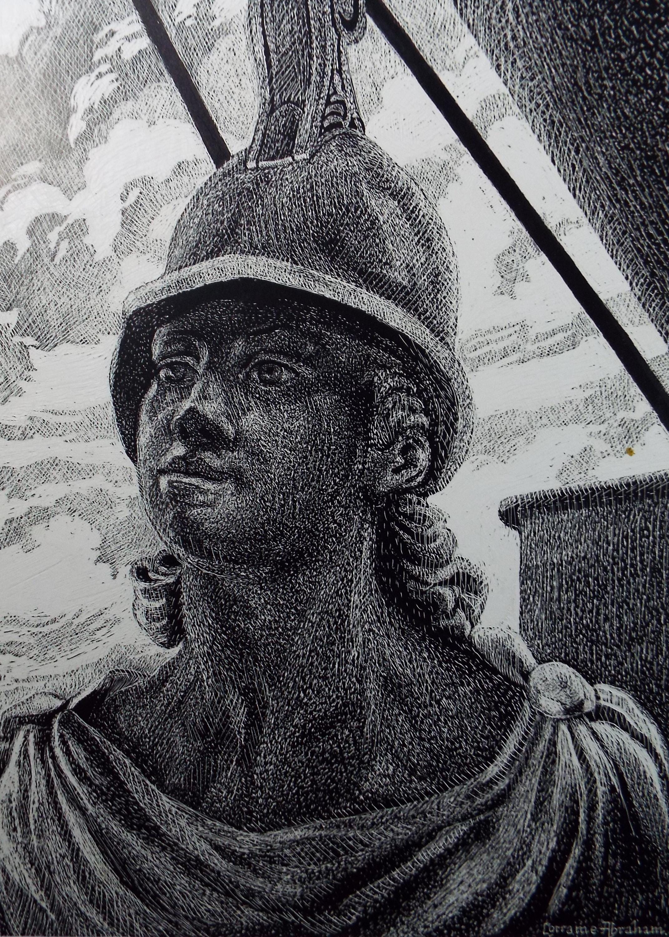 Original Scraperboard drawing, 'Trojan Warrior', Lorraine Abraham RSMA (1941-2023), Circa 1990's