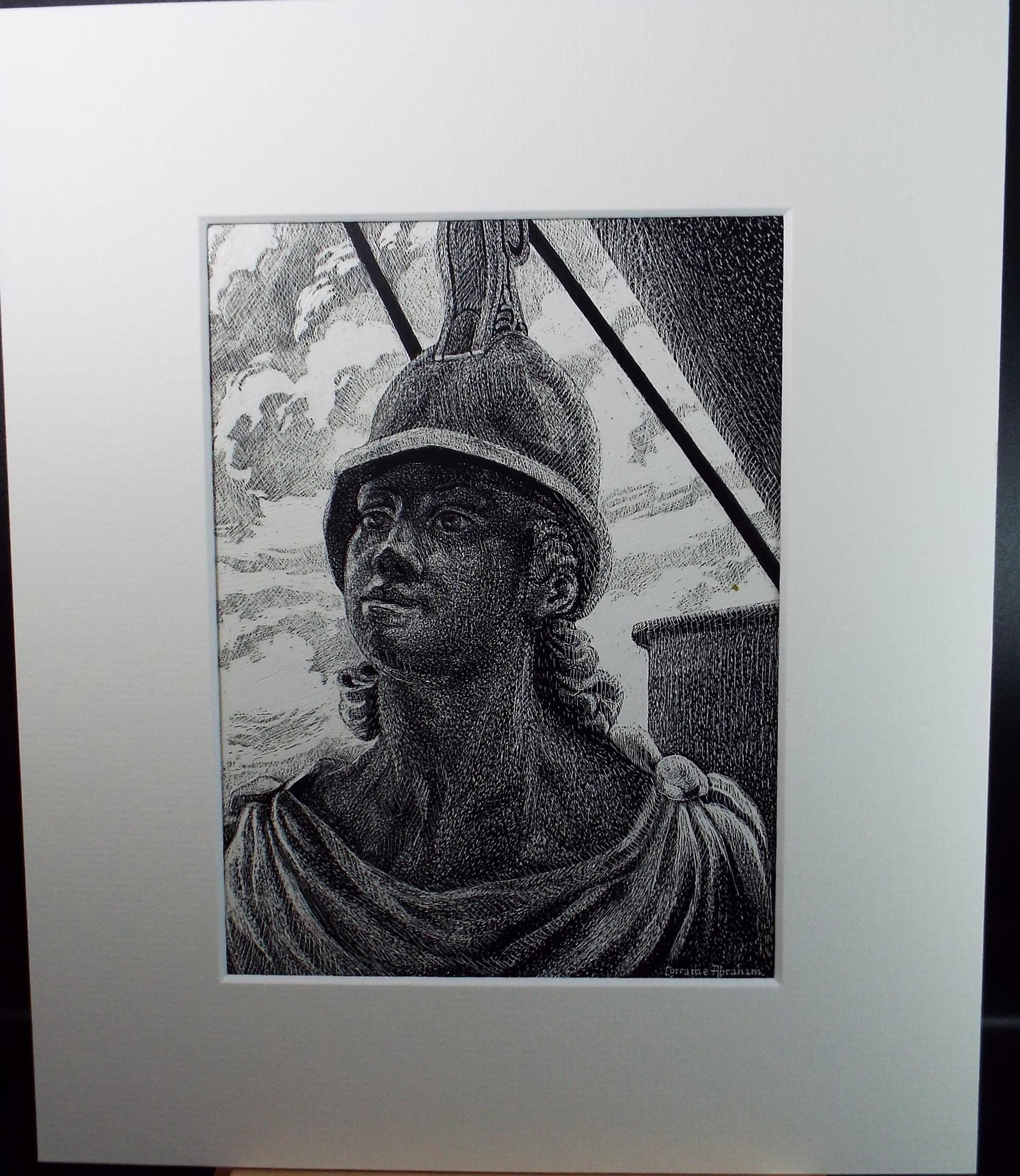 Original Scraperboard drawing, 'Trojan Warrior', Lorraine Abraham RSMA (1941-2023), Circa 1990's