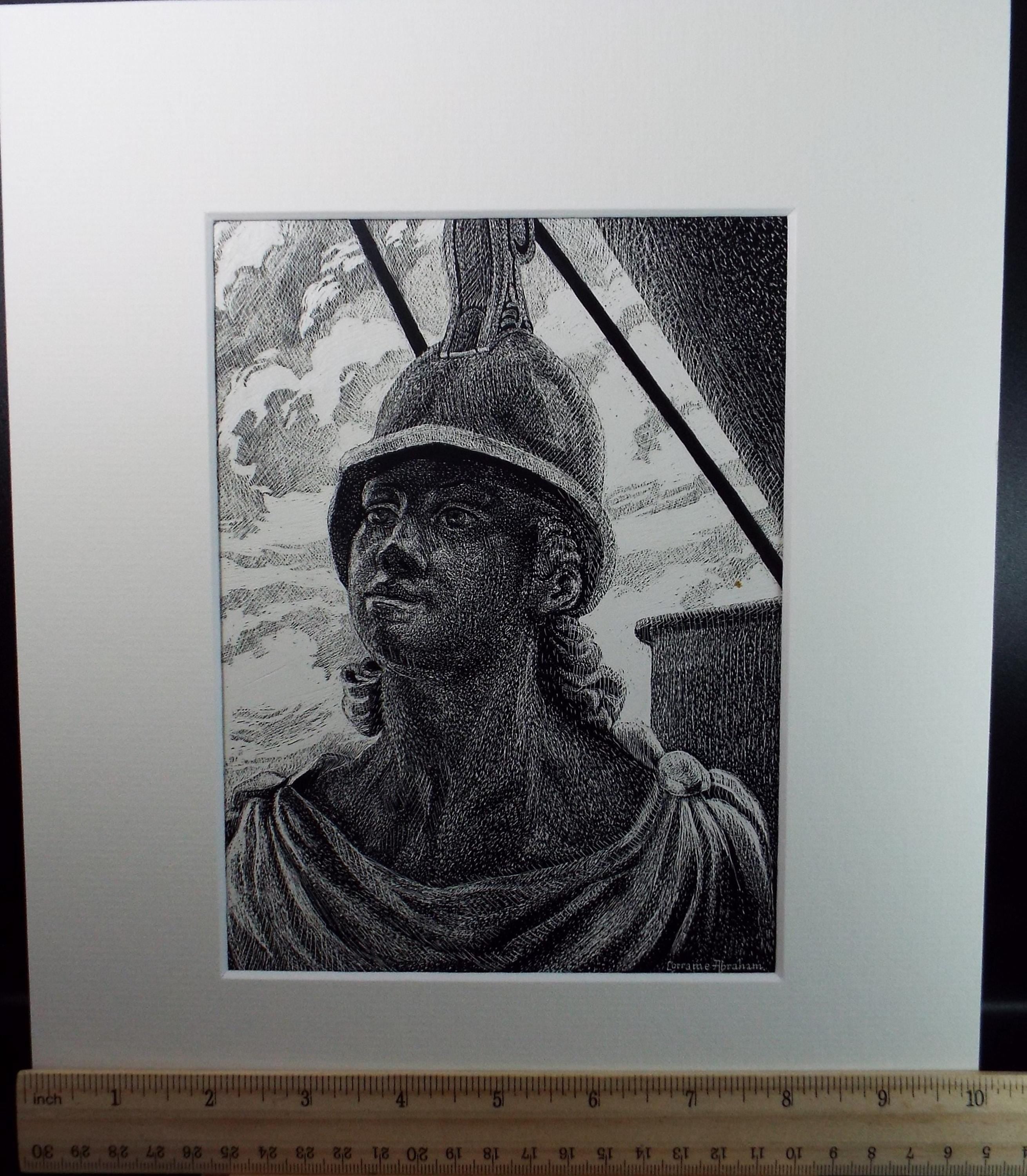 Original Scraperboard drawing, 'Trojan Warrior', Lorraine Abraham RSMA (1941-2023), Circa 1990's