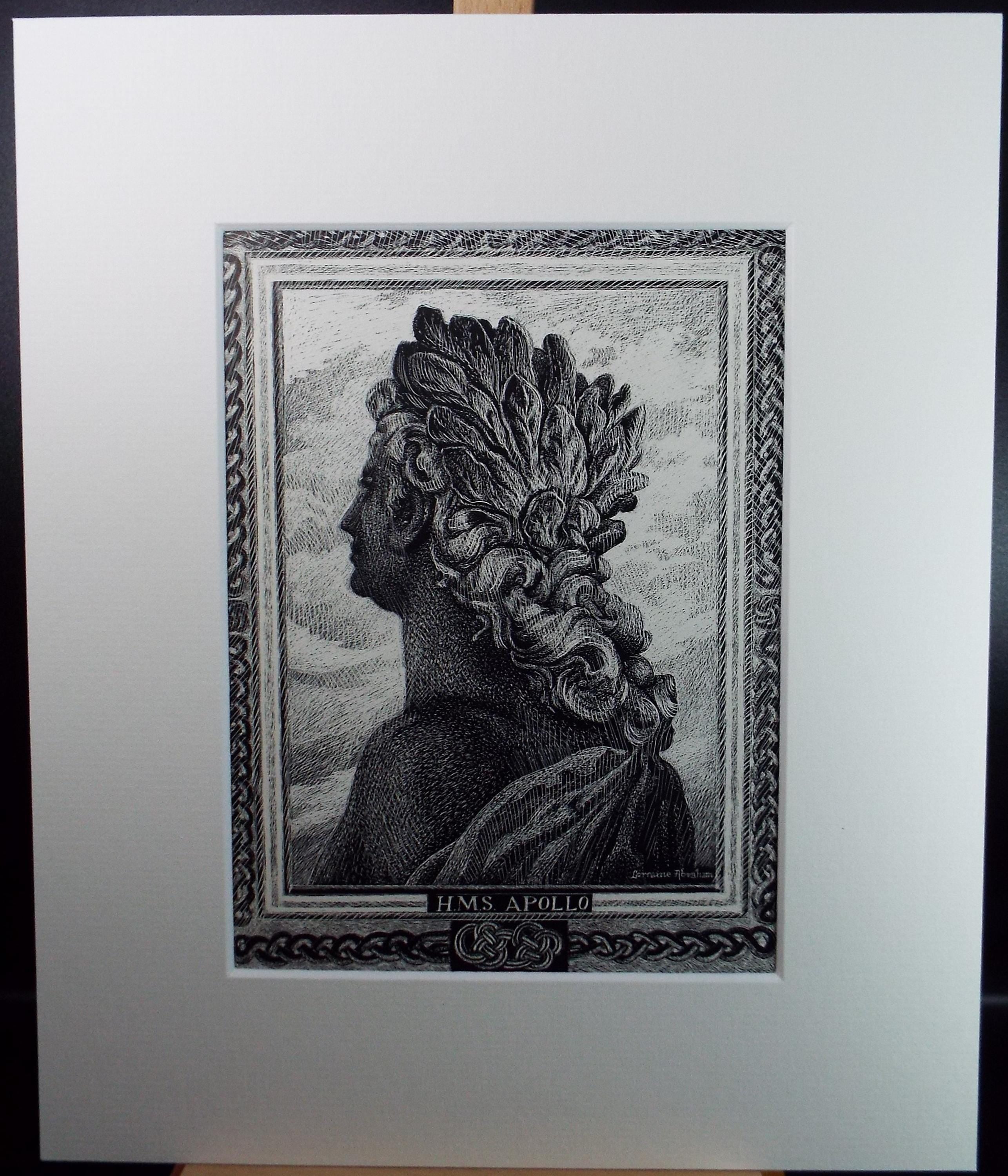 Original Scraperboard drawing, 'HMS Apollo', Lorraine Abraham RSMA (1941-2023), Circa 1990's