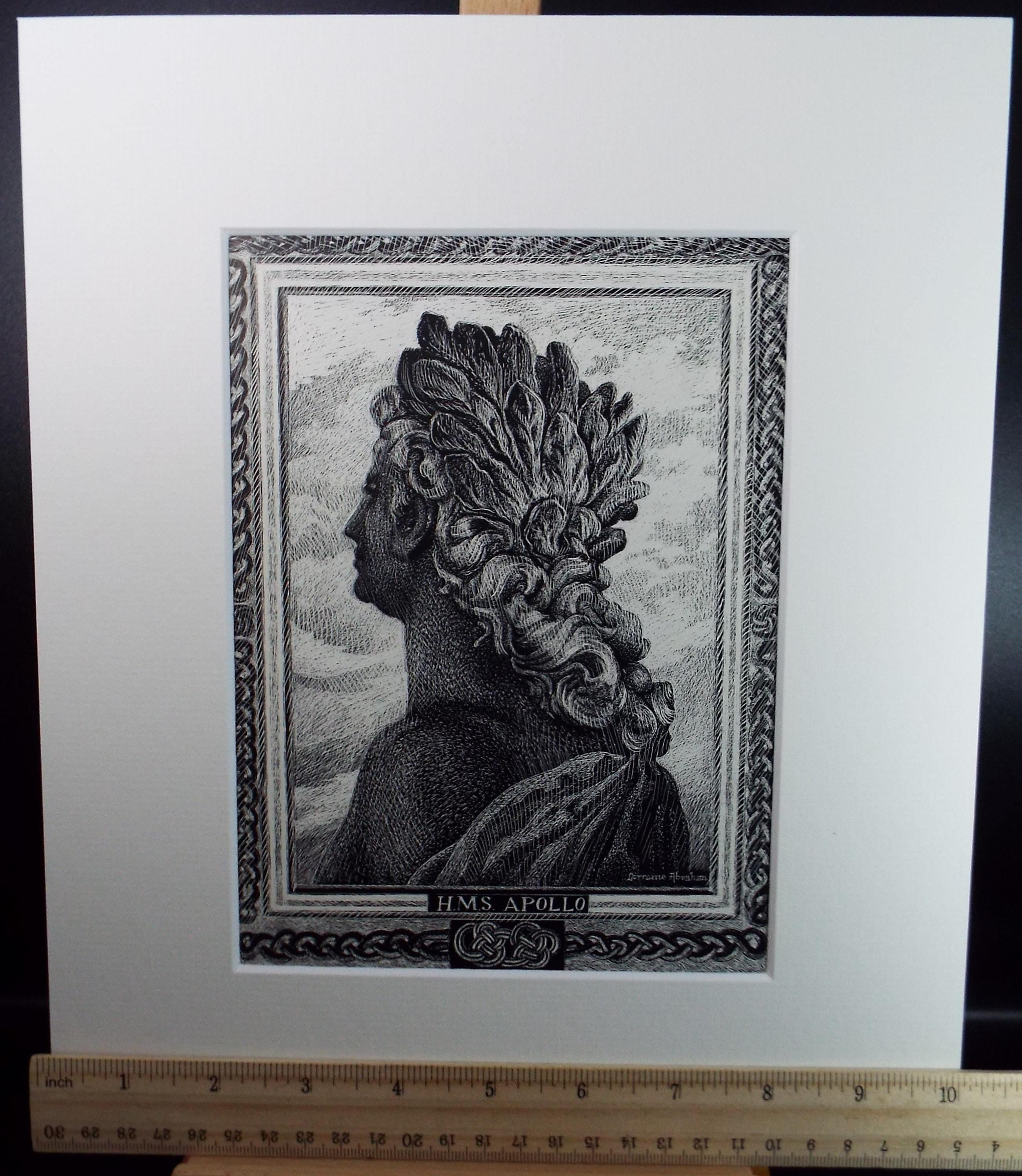 Original Scraperboard drawing, 'HMS Apollo', Lorraine Abraham RSMA (1941-2023), Circa 1990's