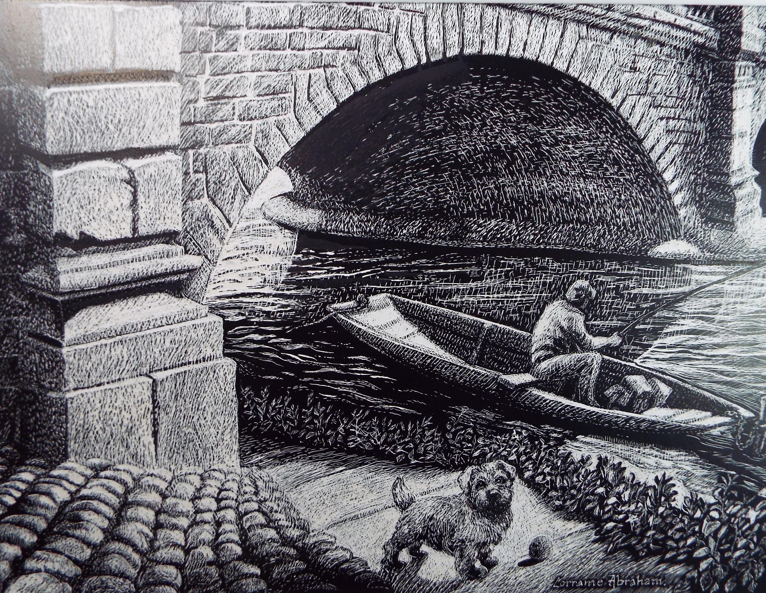 Original Scraperboard drawing, 'Fishing with a Terrier', Lorraine Abraham RSMA (1941-2023), Circa 1990's