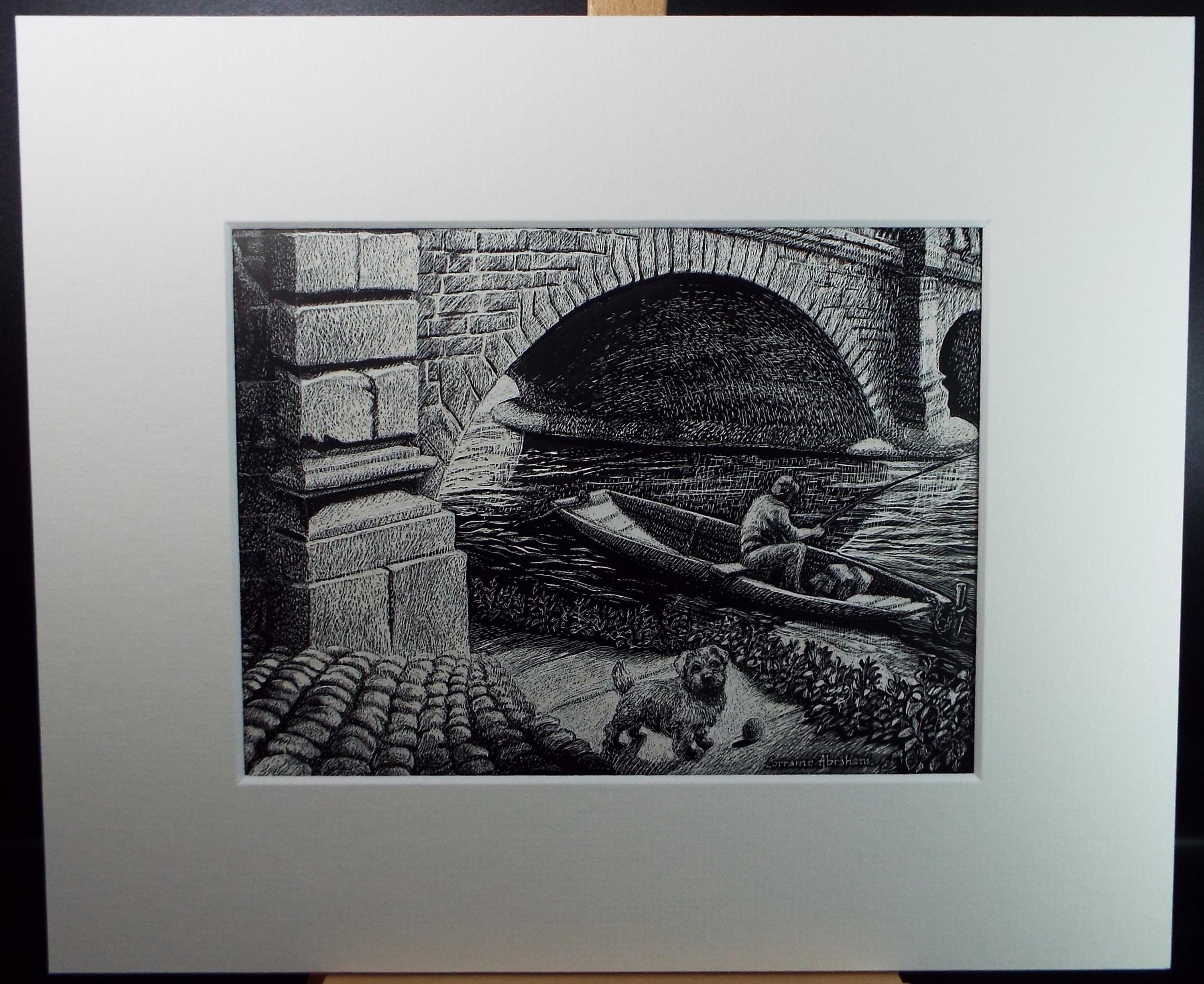 Original Scraperboard drawing, 'Fishing with a Terrier', Lorraine Abraham RSMA (1941-2023), Circa 1990's