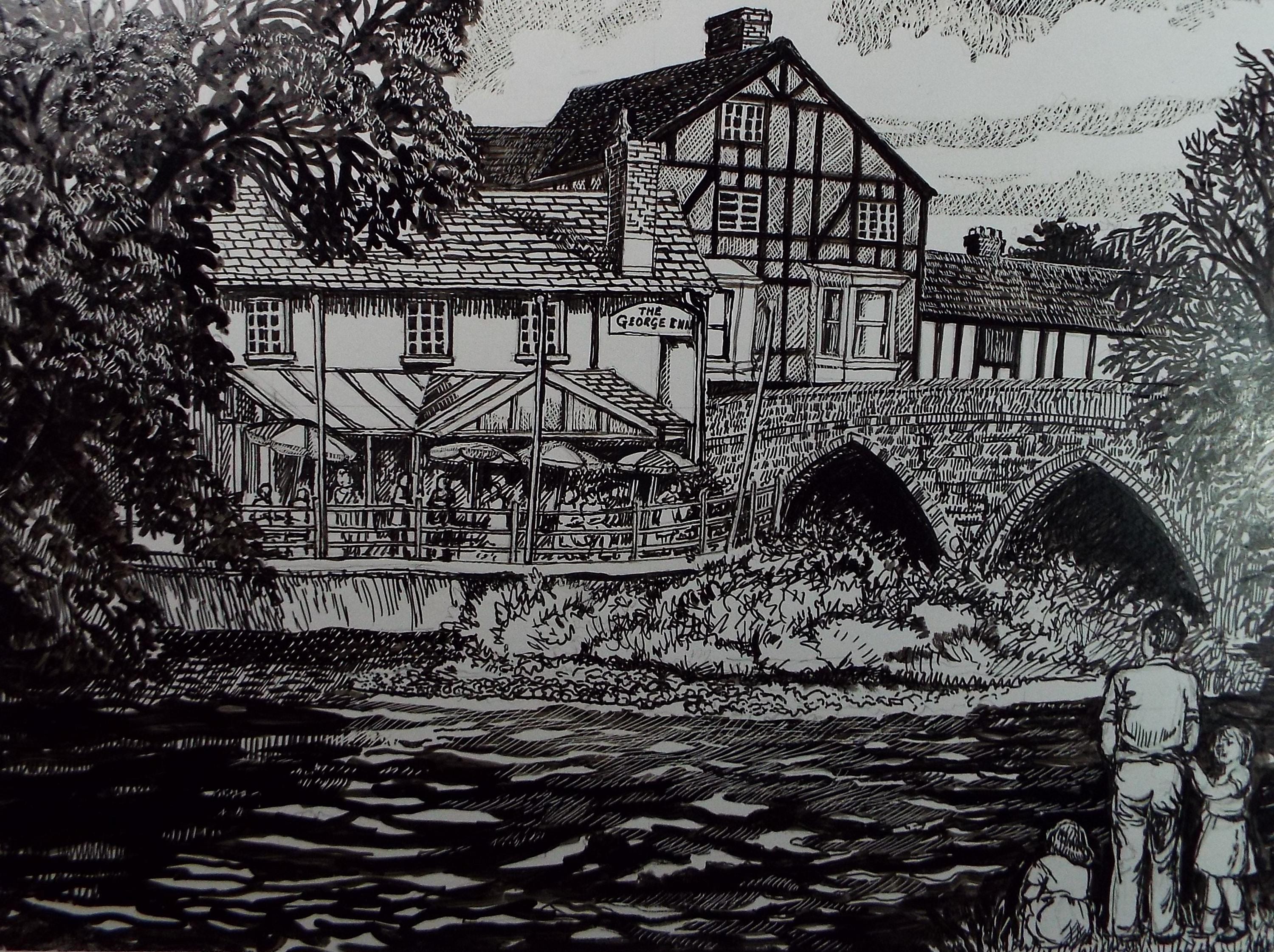 Original Scraperboard & ink drawing, 'The George Inn with Figures', Lorraine Abraham RSMA (1941-2023), Circa 1990's