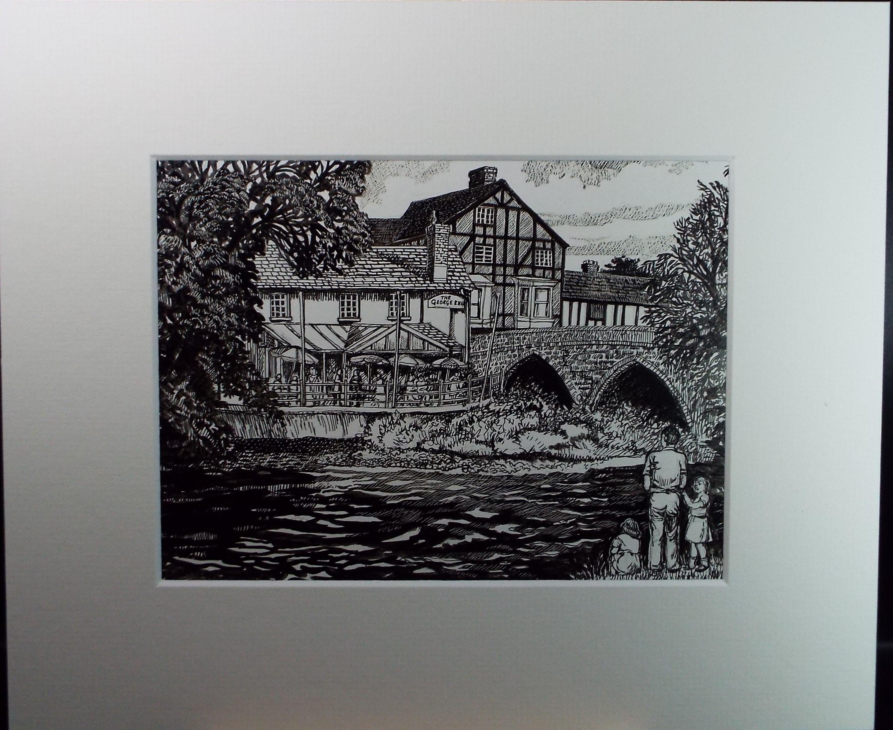 Original Scraperboard & ink drawing, 'The George Inn with Figures', Lorraine Abraham RSMA (1941-2023), Circa 1990's