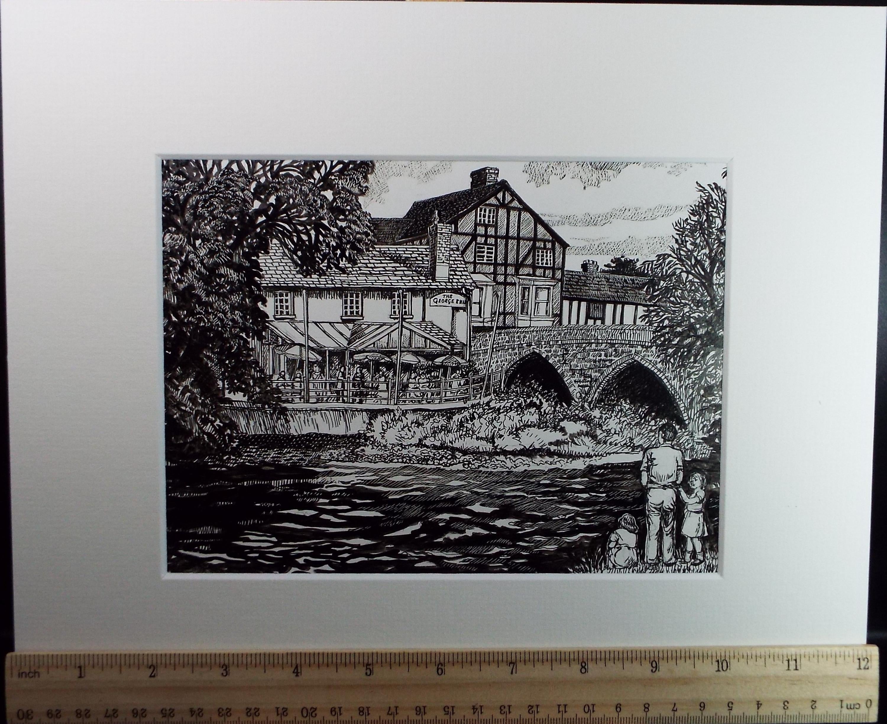 Original Scraperboard & ink drawing, 'The George Inn with Figures', Lorraine Abraham RSMA (1941-2023), Circa 1990's