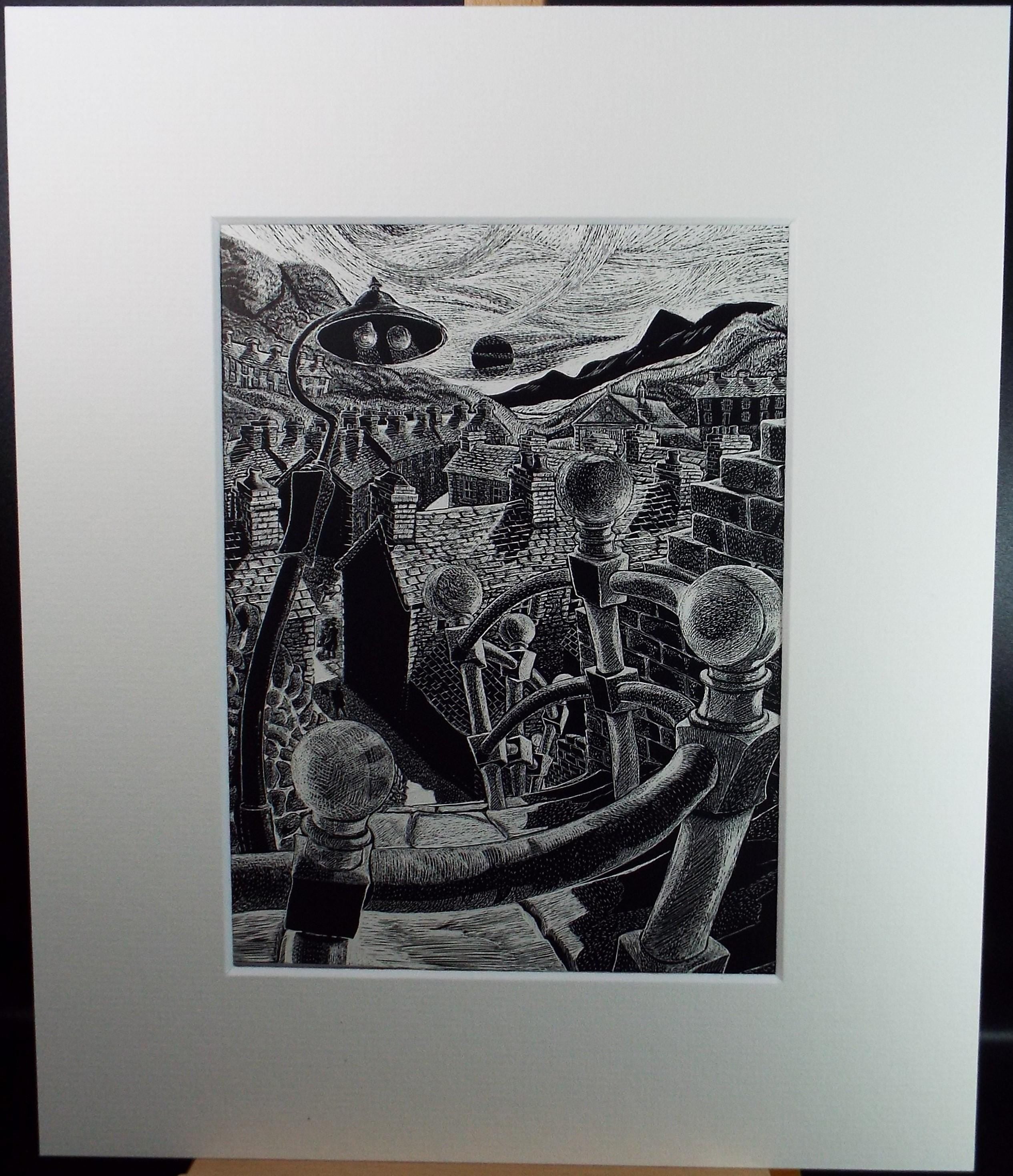 Original Scraperboard drawing, 'The Town rooftops', Lorraine Abraham RSMA (1941-2023), Circa 1990's