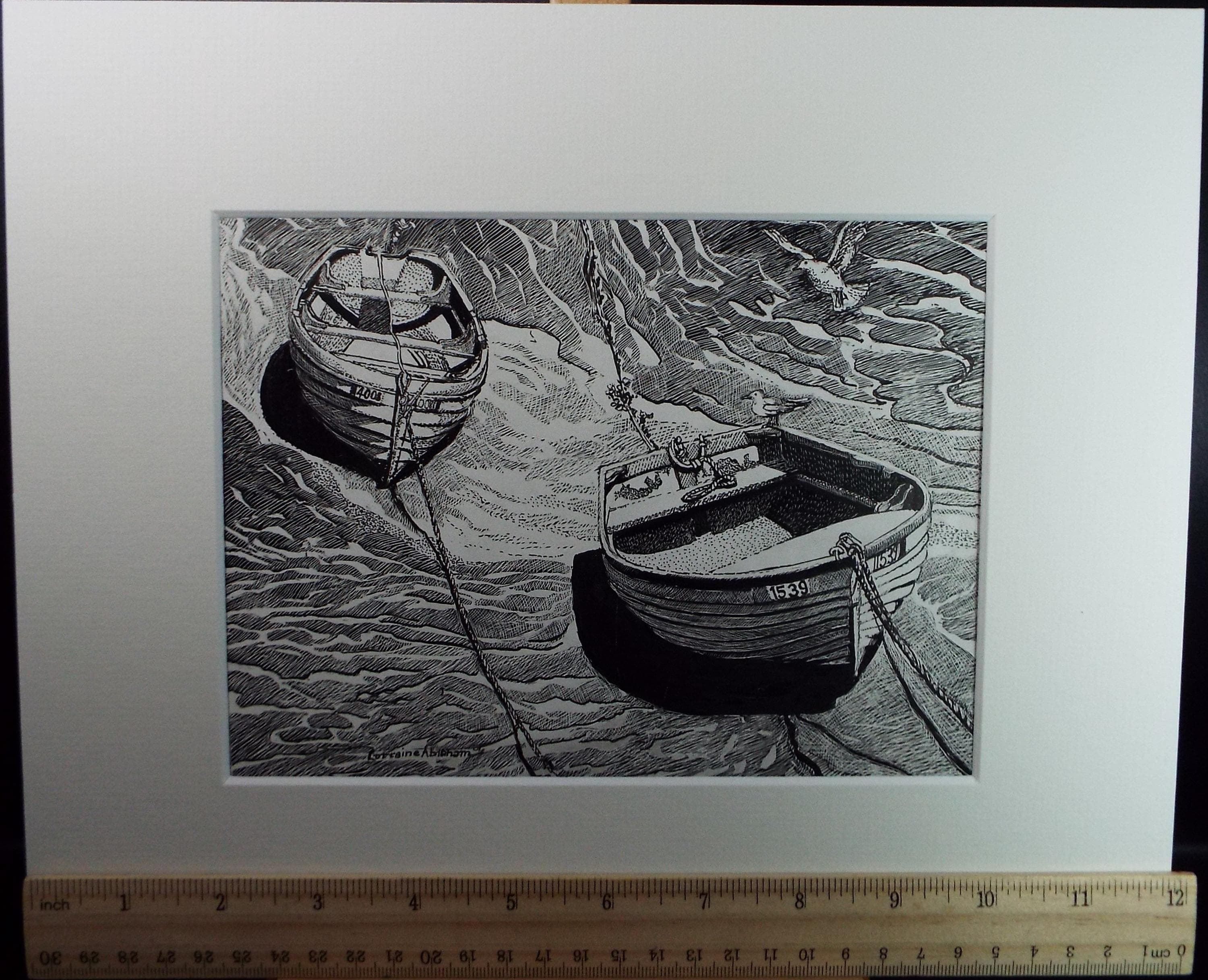 Original Scraperboard & ink drawing, 'Boats on the Shore', Lorraine Abraham RSMA (1941-2023), Circa 1990's