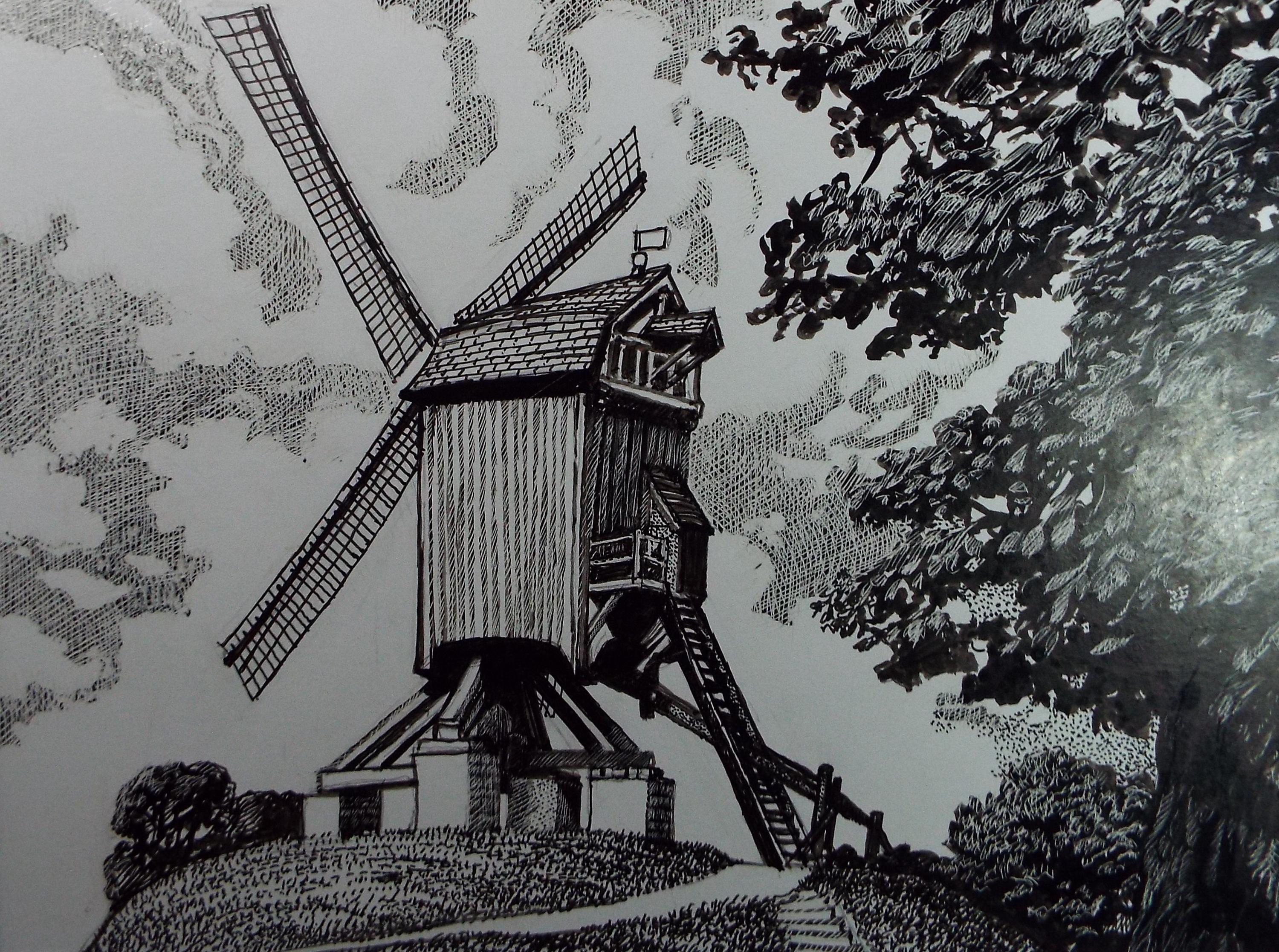 Original Scraperboard & ink drawing, 'The Windmill', Lorraine Abraham RSMA (1941-2023), Circa 1990's