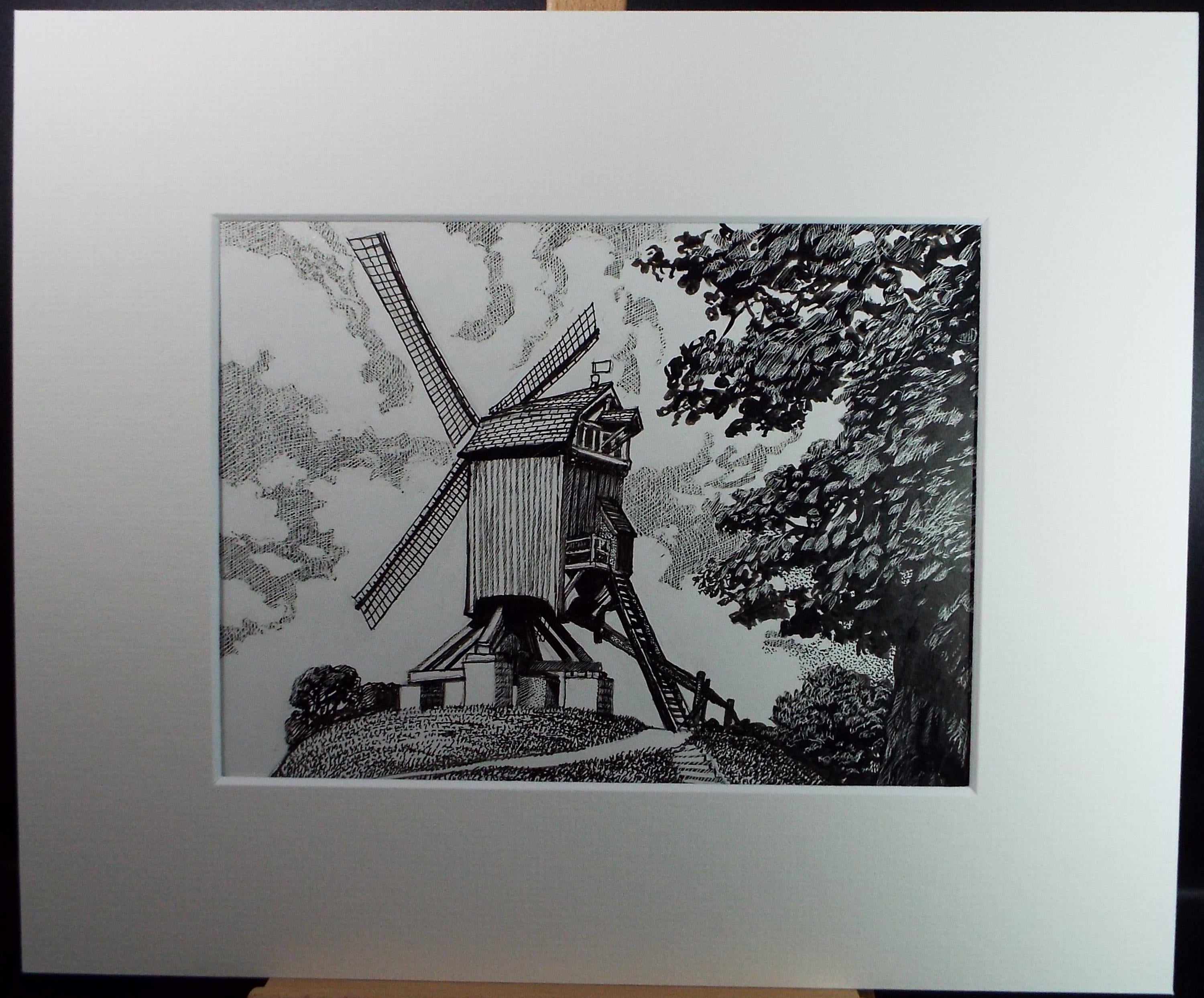 Original Scraperboard & ink drawing, 'The Windmill', Lorraine Abraham RSMA (1941-2023), Circa 1990's