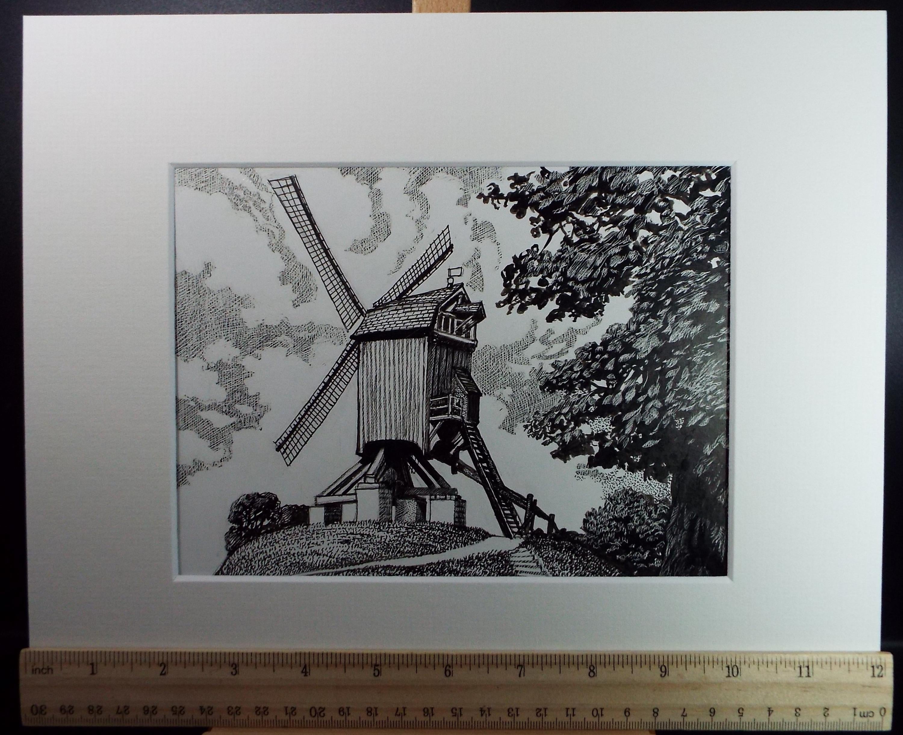 Original Scraperboard & ink drawing, 'The Windmill', Lorraine Abraham RSMA (1941-2023), Circa 1990's