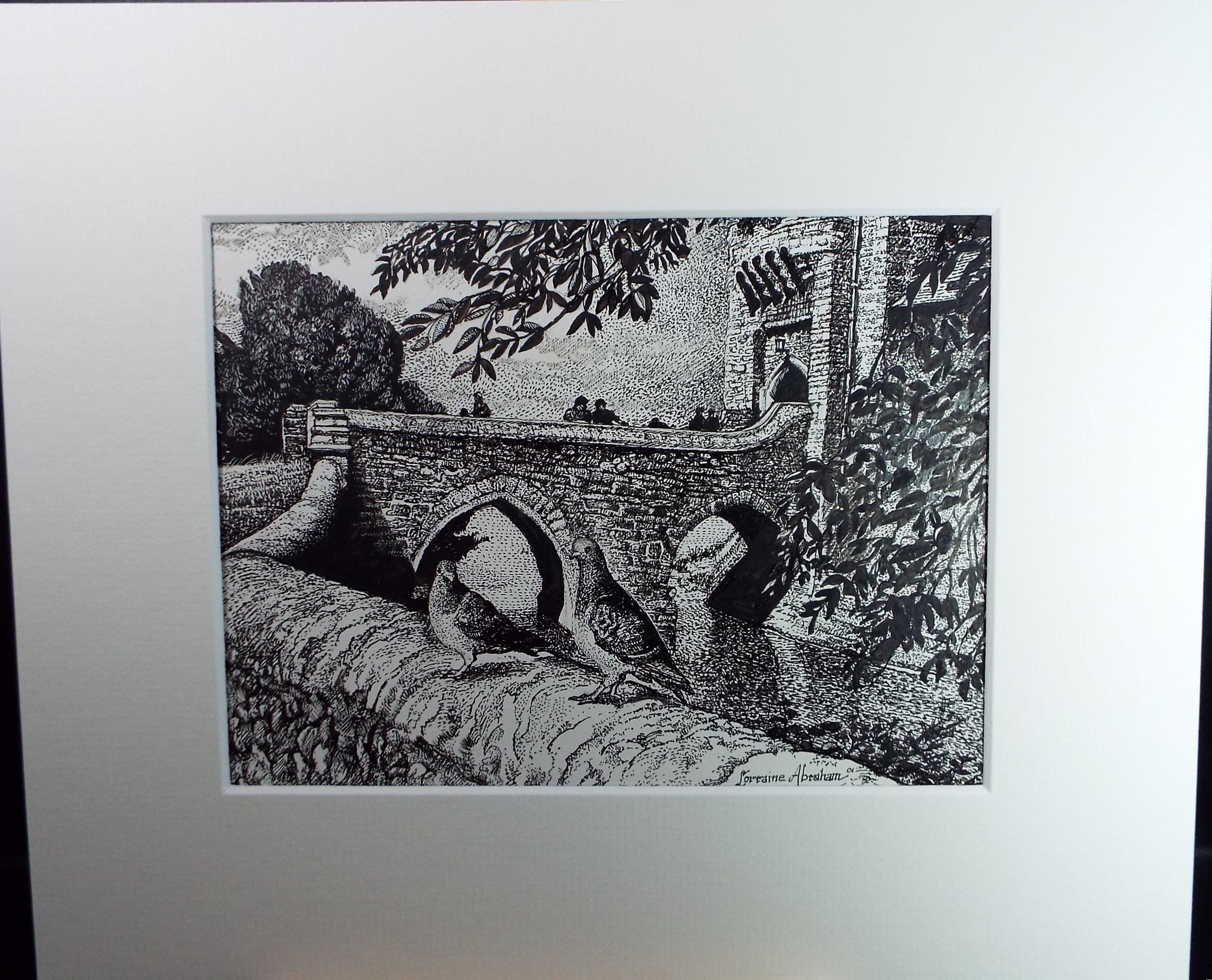 Original Scraperboard & ink drawing, 'Pigeons on the Wall', Lorraine Abraham RSMA (1941-2023), Circa 1990's