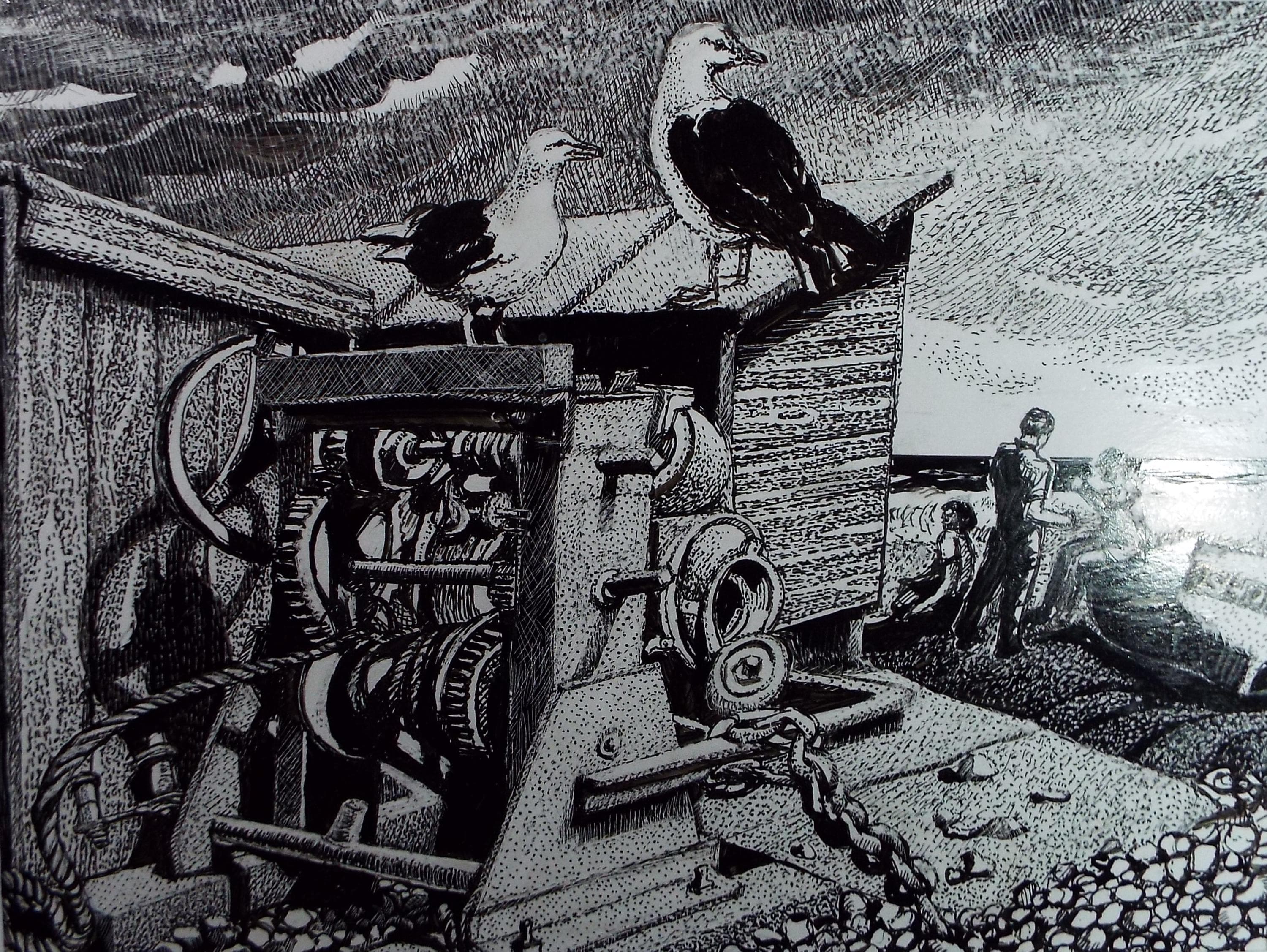 Original Scraperboard & ink drawing, 'Winding gear on the shore', Lorraine Abraham RSMA (1941-2023), Circa 1990's
