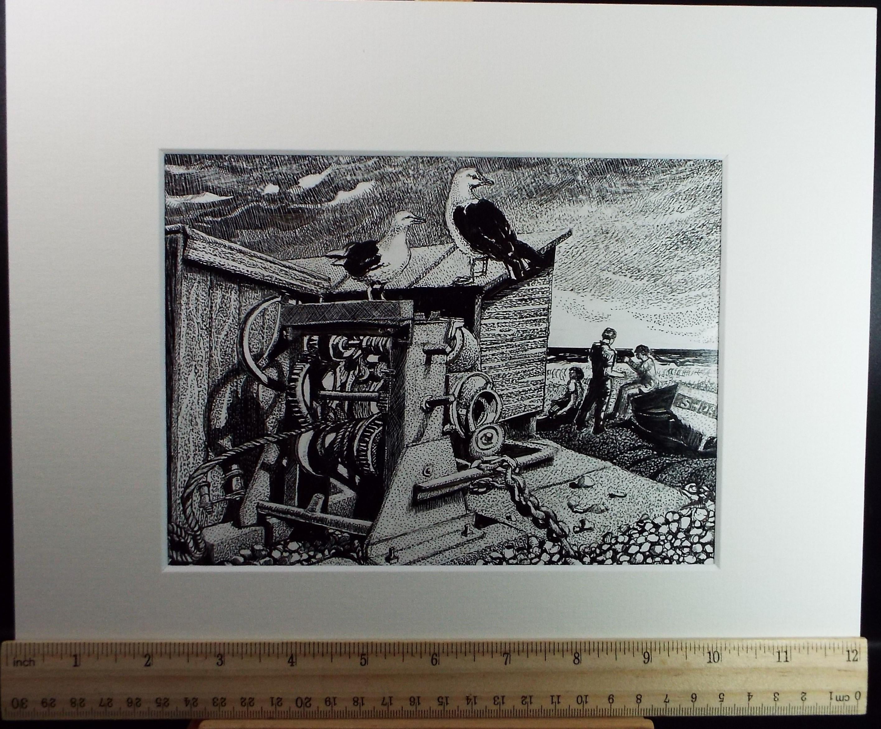 Original Scraperboard & ink drawing, 'Winding gear on the shore', Lorraine Abraham RSMA (1941-2023), Circa 1990's