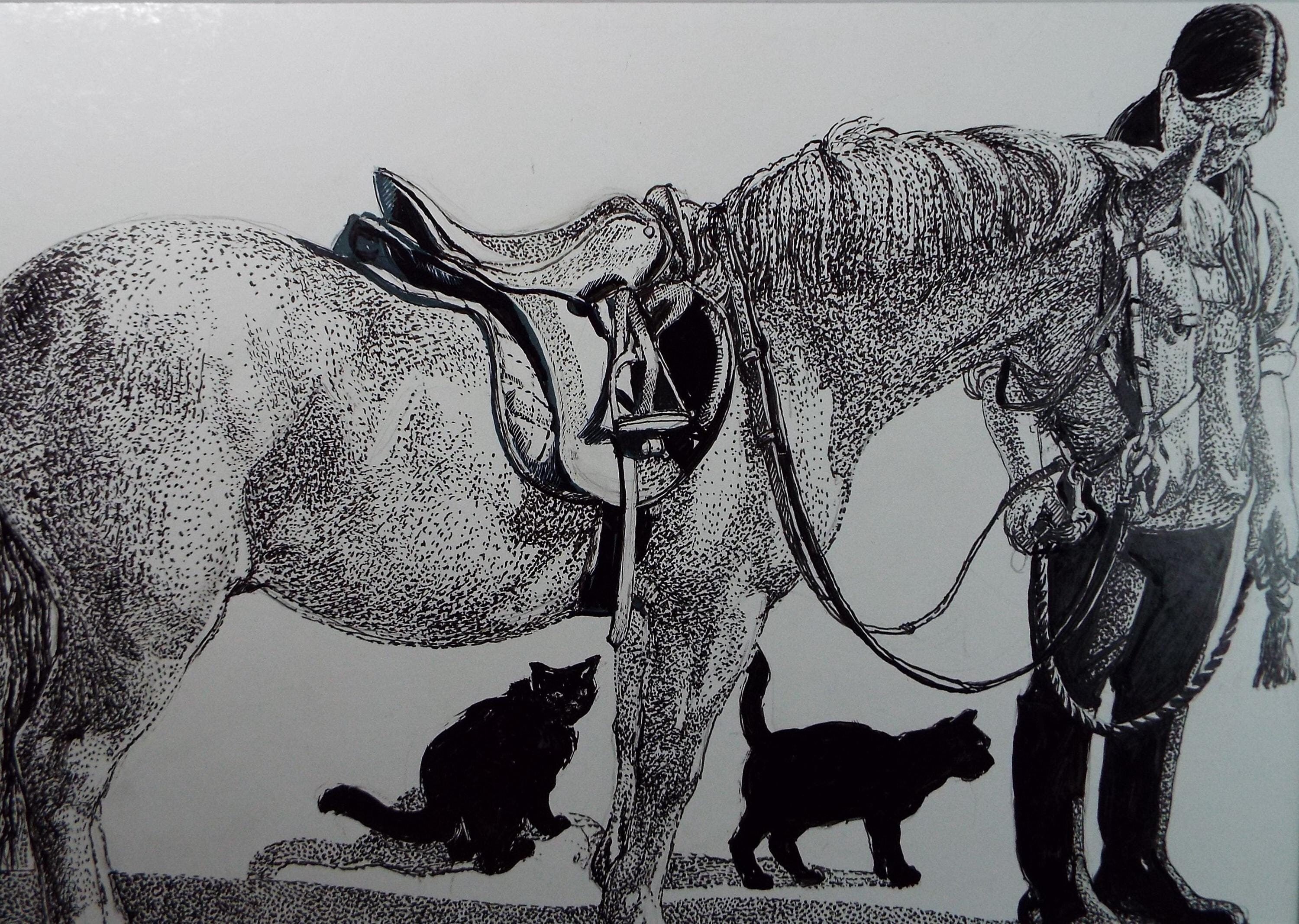 Original ink drawing, 'Pony with Black Cats', Lorraine Abraham RSMA (1941-2023), Circa 1990's