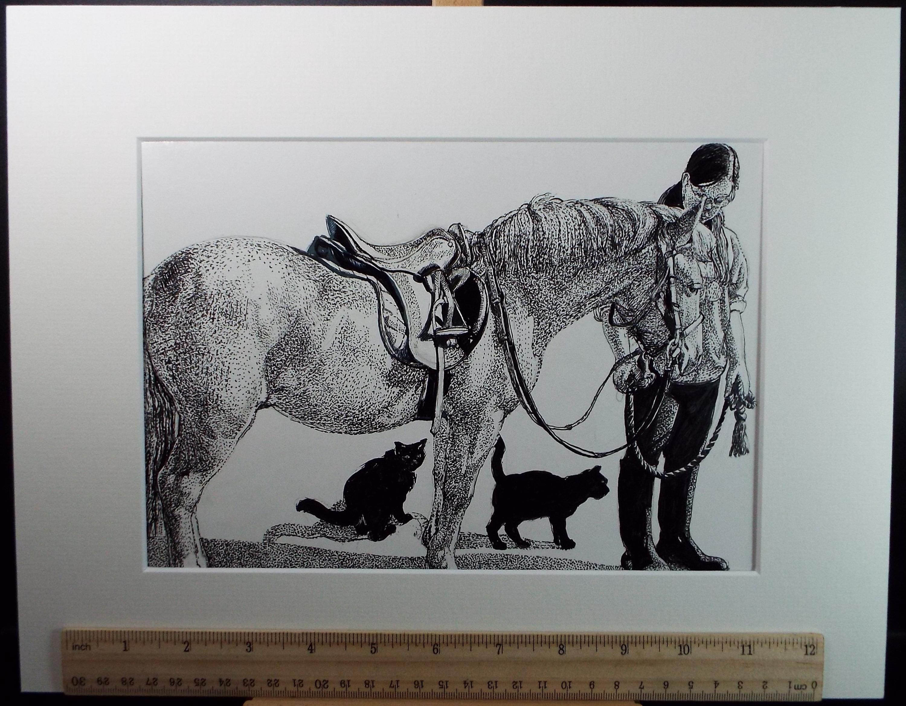 Original ink drawing, 'Pony with Black Cats', Lorraine Abraham RSMA (1941-2023), Circa 1990's