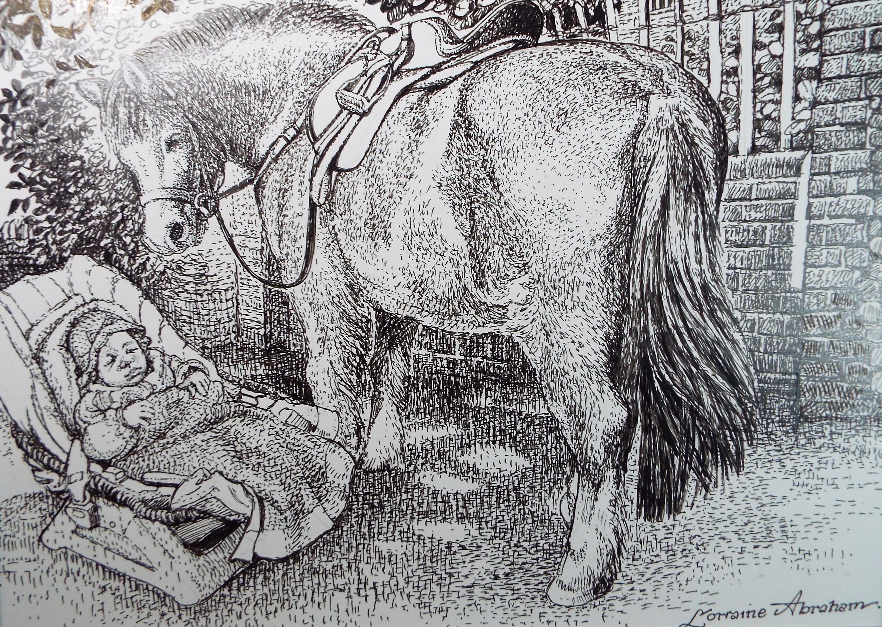 Original ink drawing, 'Pony with Baby', Lorraine Abraham RSMA (1941-2023), Circa 1990's