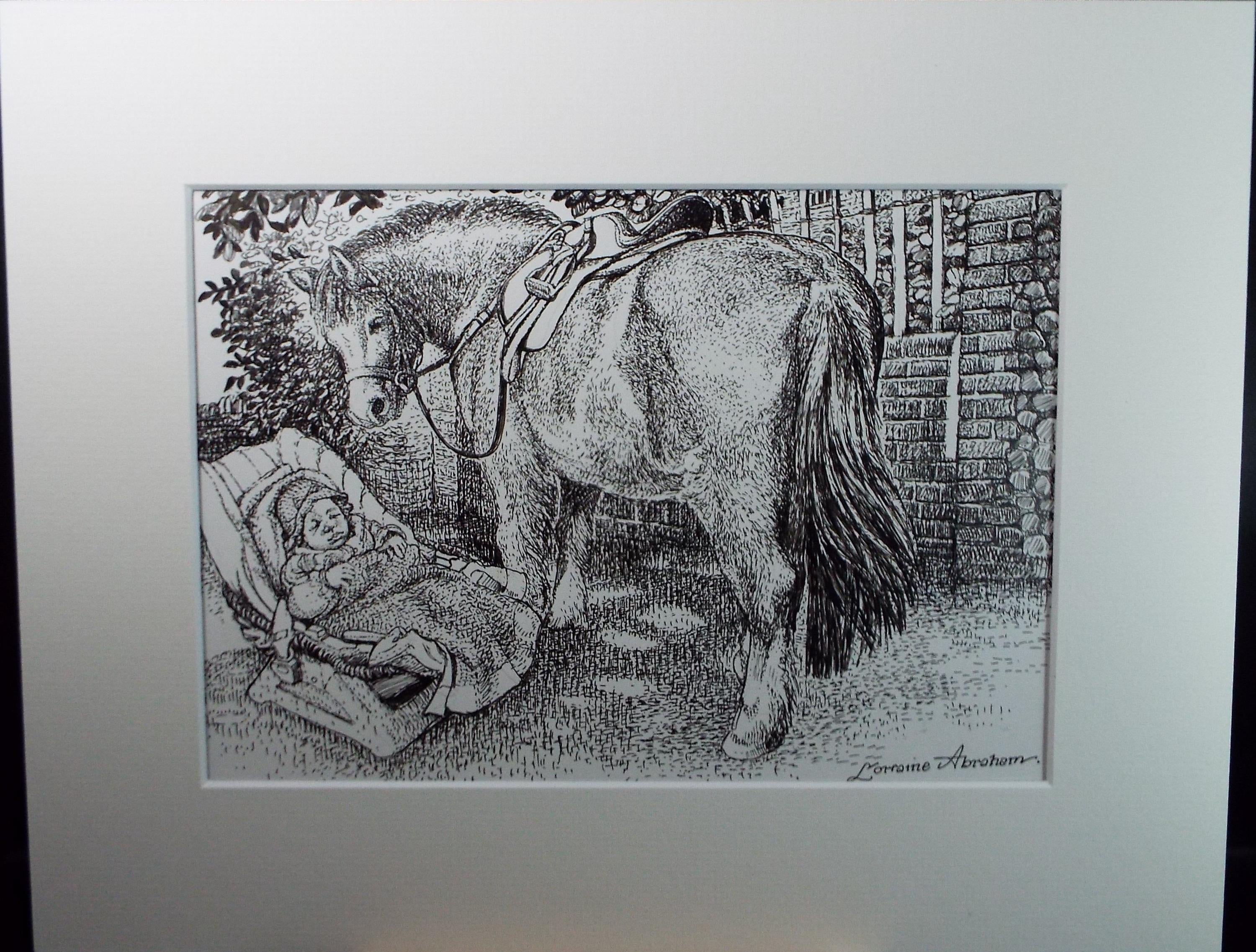 Original ink drawing, 'Pony with Baby', Lorraine Abraham RSMA (1941-2023), Circa 1990's