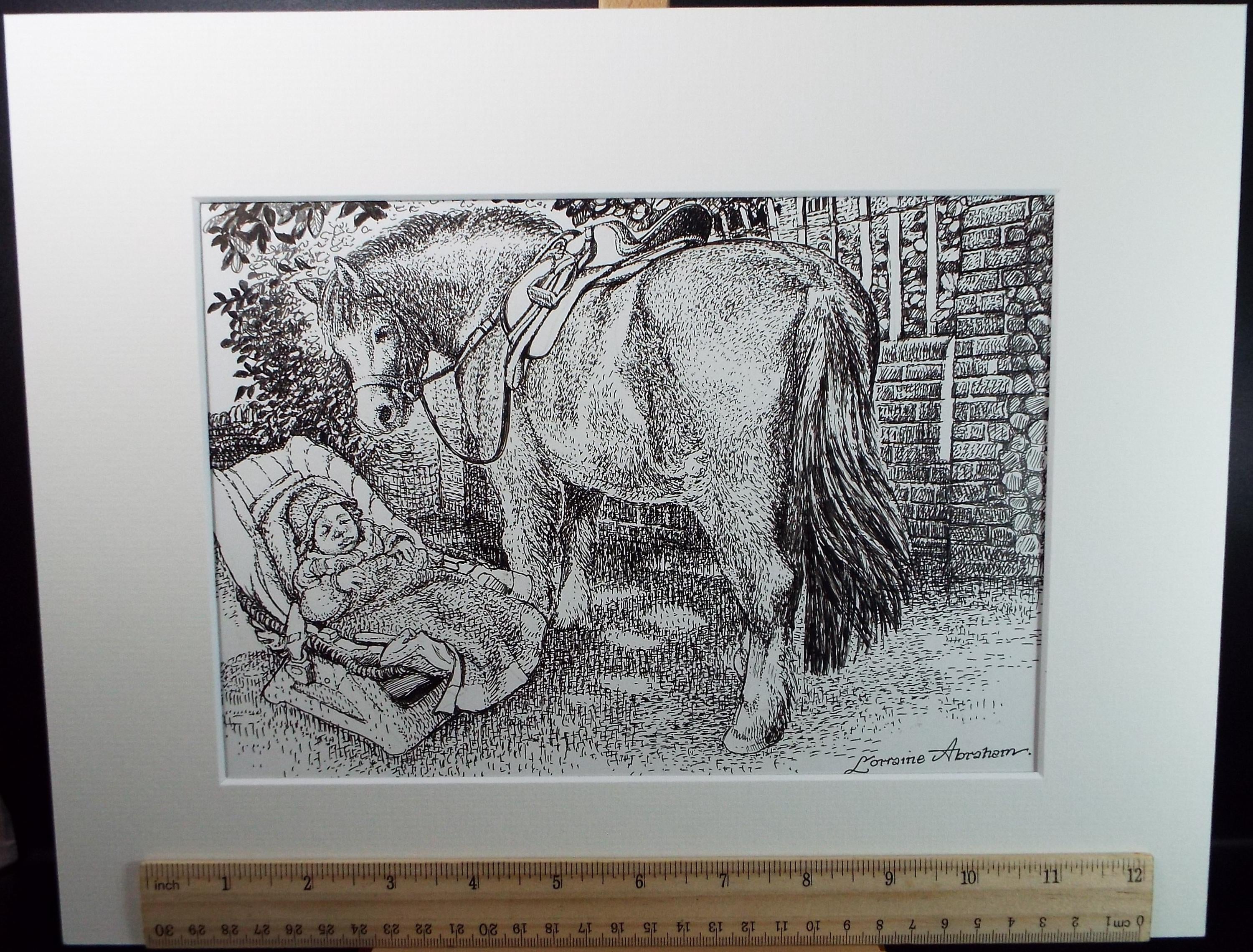 Original ink drawing, 'Pony with Baby', Lorraine Abraham RSMA (1941-2023), Circa 1990's