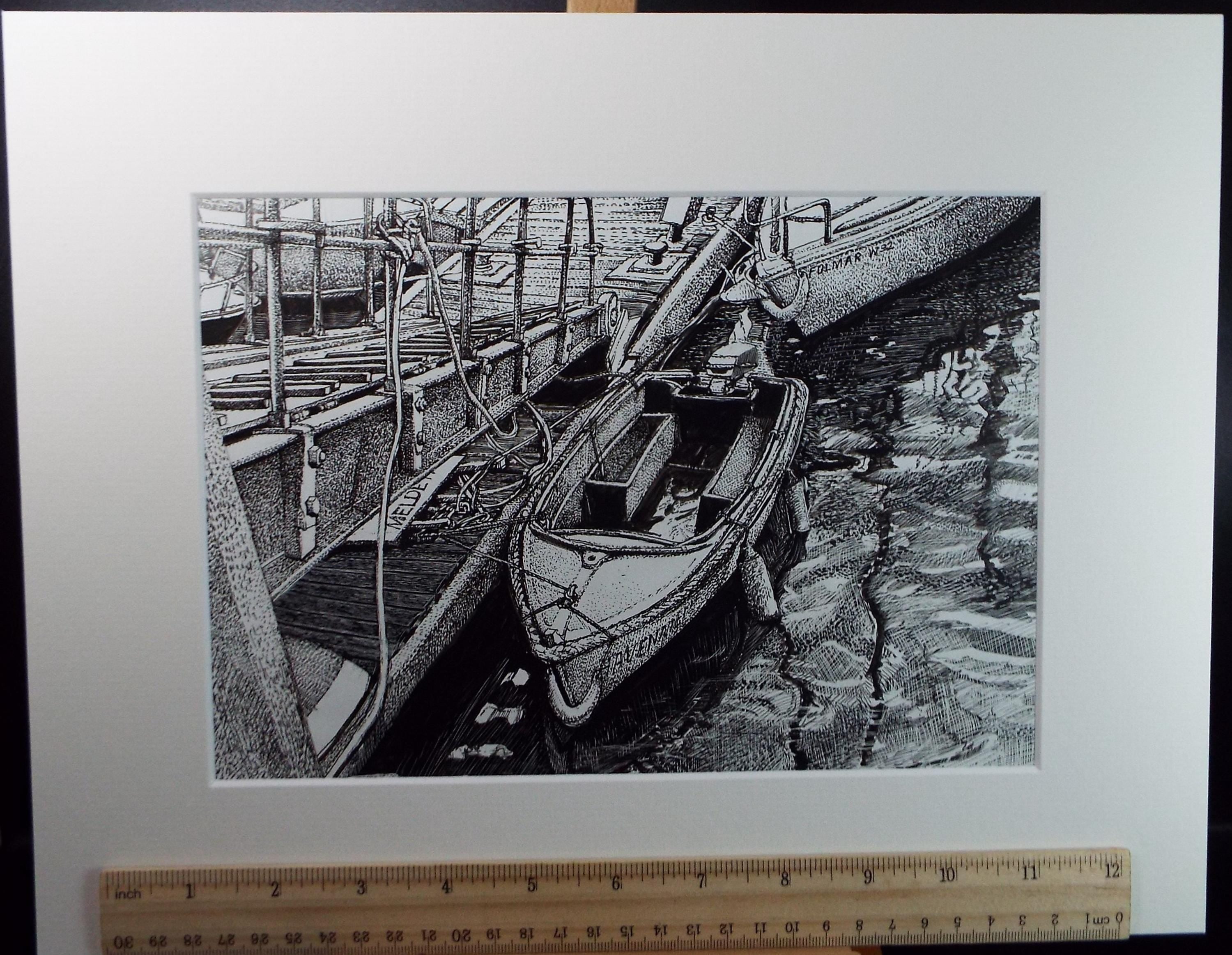 Original Scraperboard & ink drawing, 'Moored speed Boat', Lorraine Abraham RSMA (1941-2023), Circa 1990's
