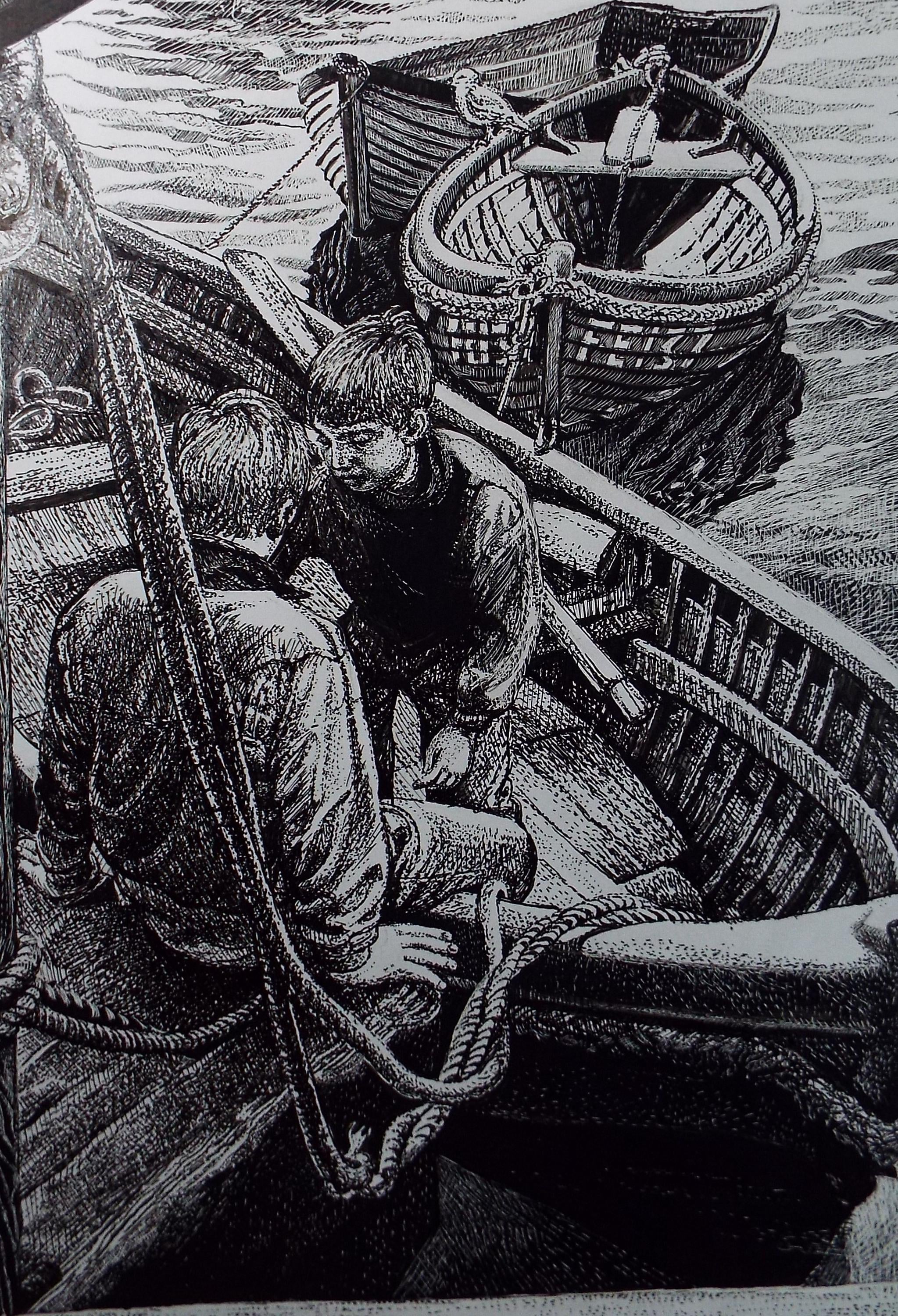 Original Scraperboard & ink drawing, 'Boys in the Rowing Boat', Lorraine Abraham RSMA (1941-2023), Circa 1990's