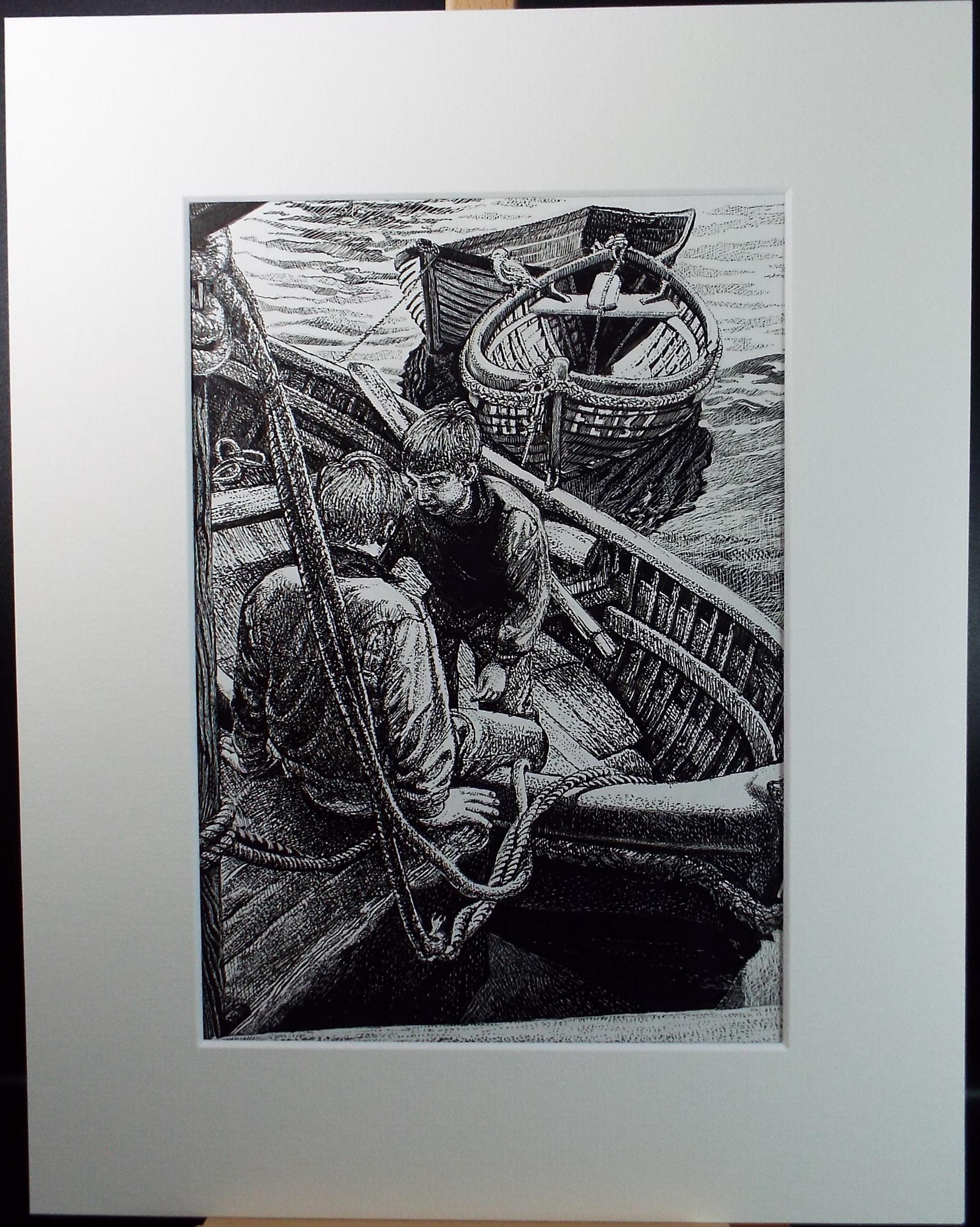 Original Scraperboard & ink drawing, 'Boys in the Rowing Boat', Lorraine Abraham RSMA (1941-2023), Circa 1990's
