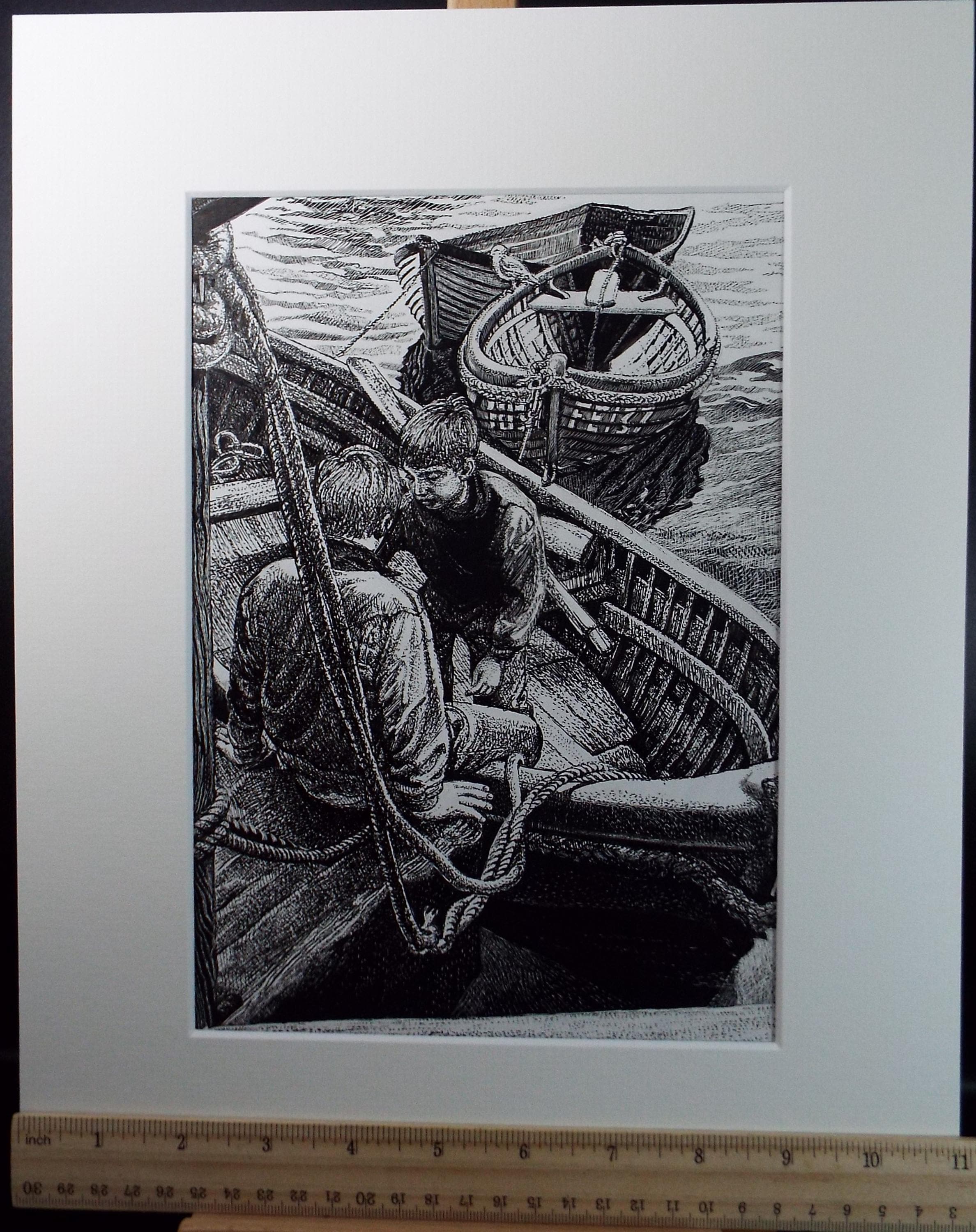 Original Scraperboard & ink drawing, 'Boys in the Rowing Boat', Lorraine Abraham RSMA (1941-2023), Circa 1990's