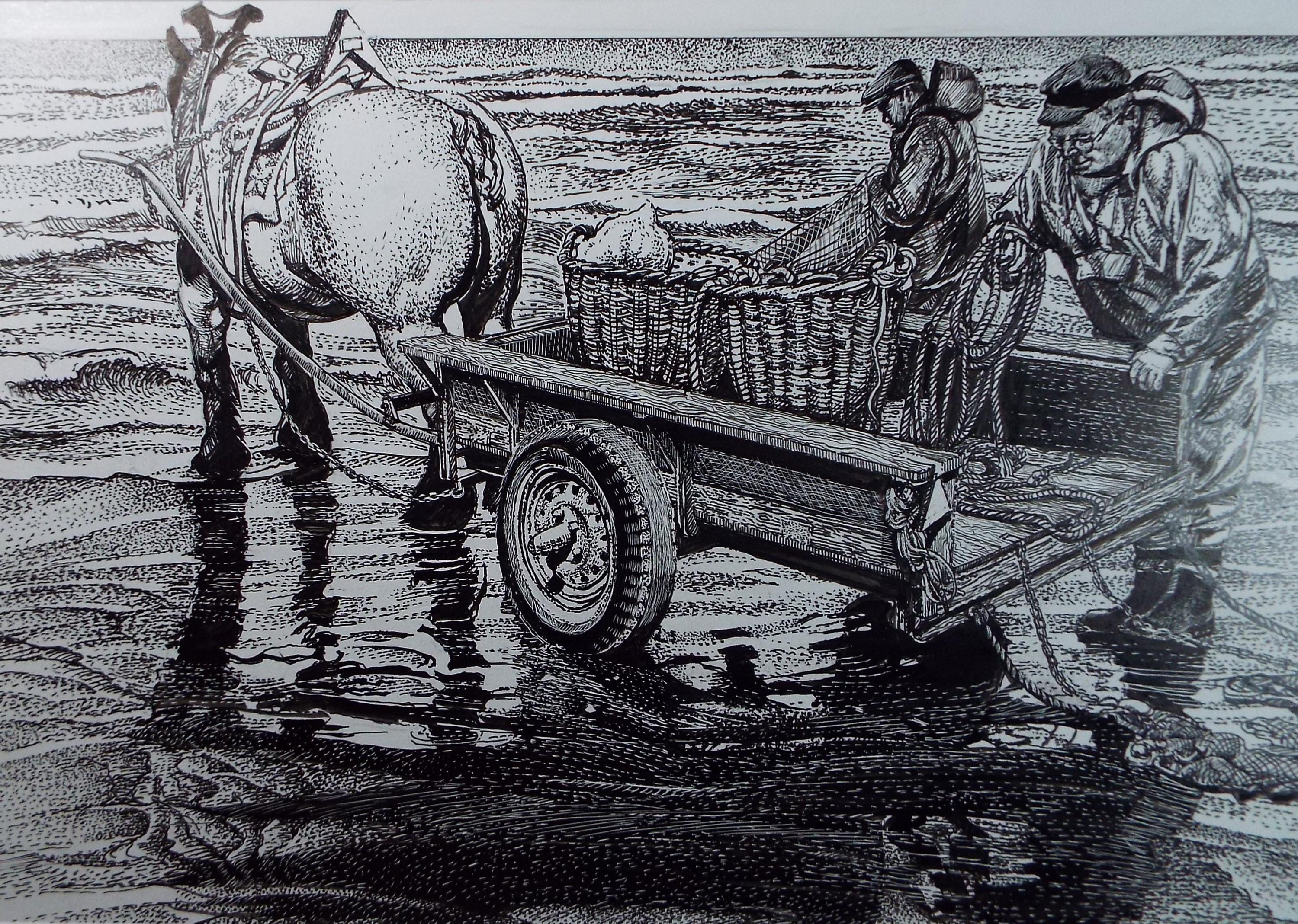 Original ink drawing, 'The Cockle Pickers', Lorraine Abraham RSMA (1941-2023), Circa 1990's