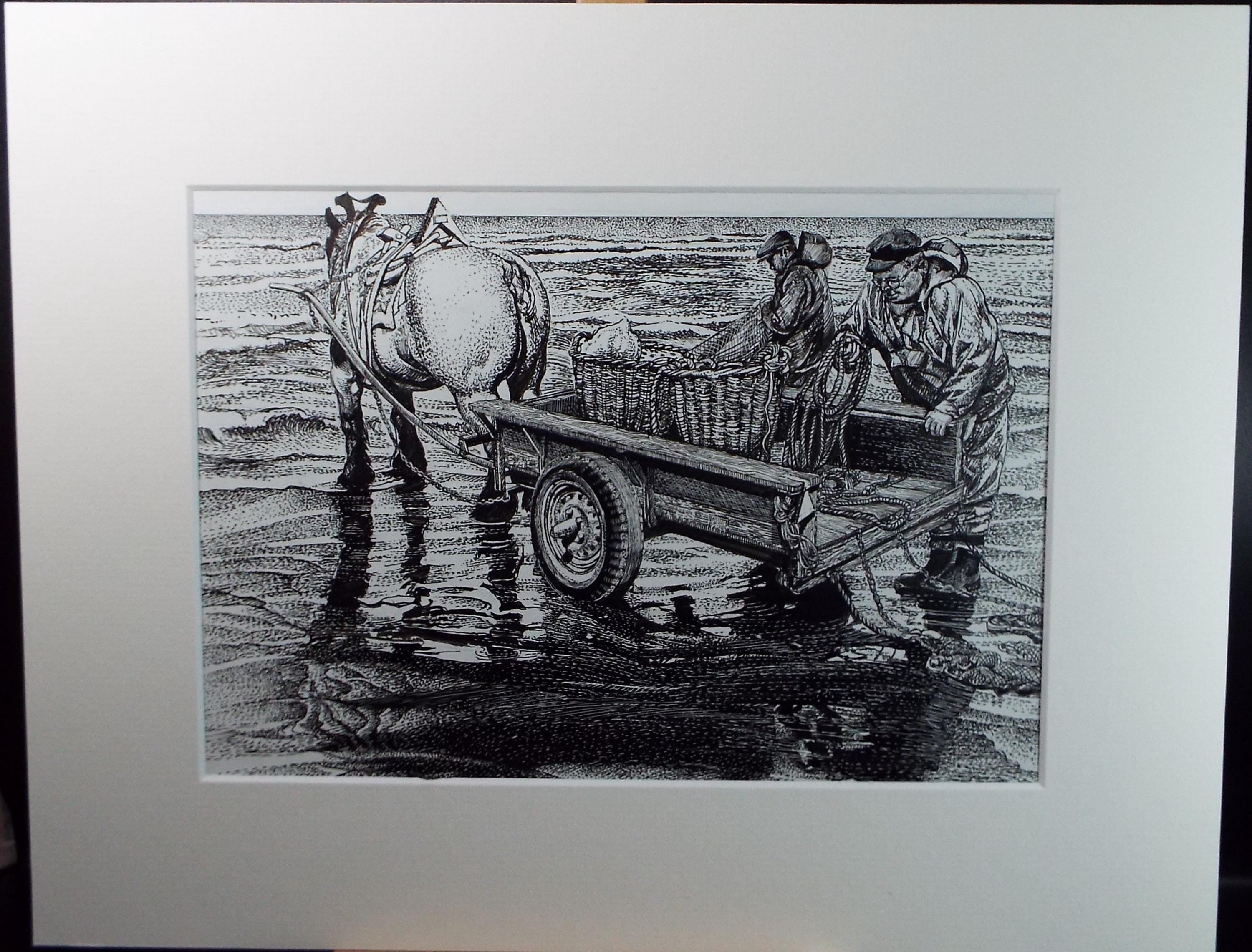 Original ink drawing, 'The Cockle Pickers', Lorraine Abraham RSMA (1941-2023), Circa 1990's