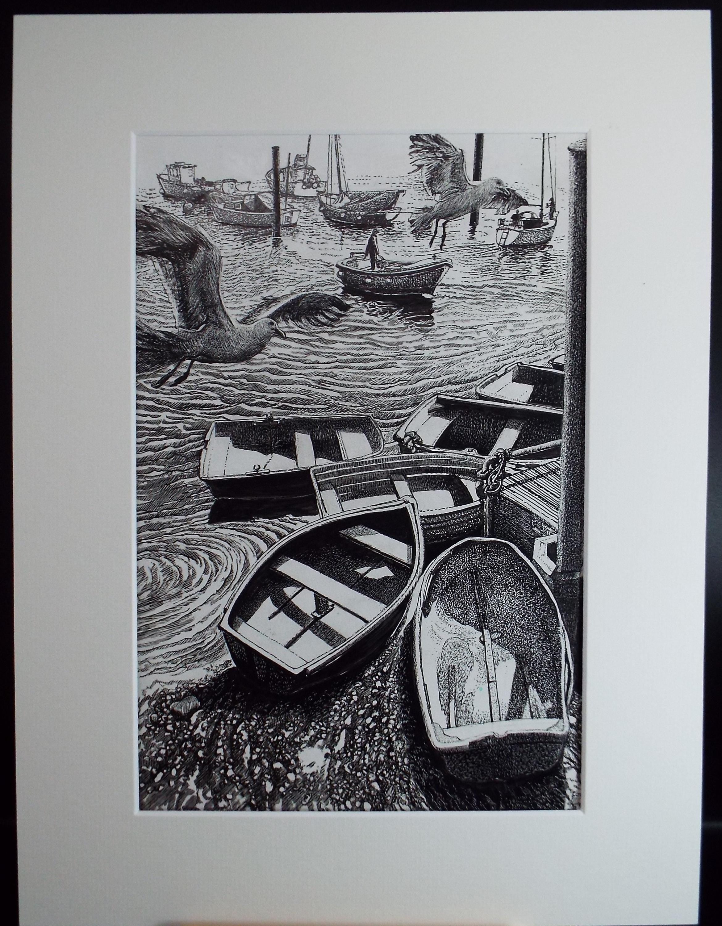 Original Scraperboard & ink drawing, 'Rowing Boats and seagulls', Lorraine Abraham RSMA (1941-2023), Circa 1990's