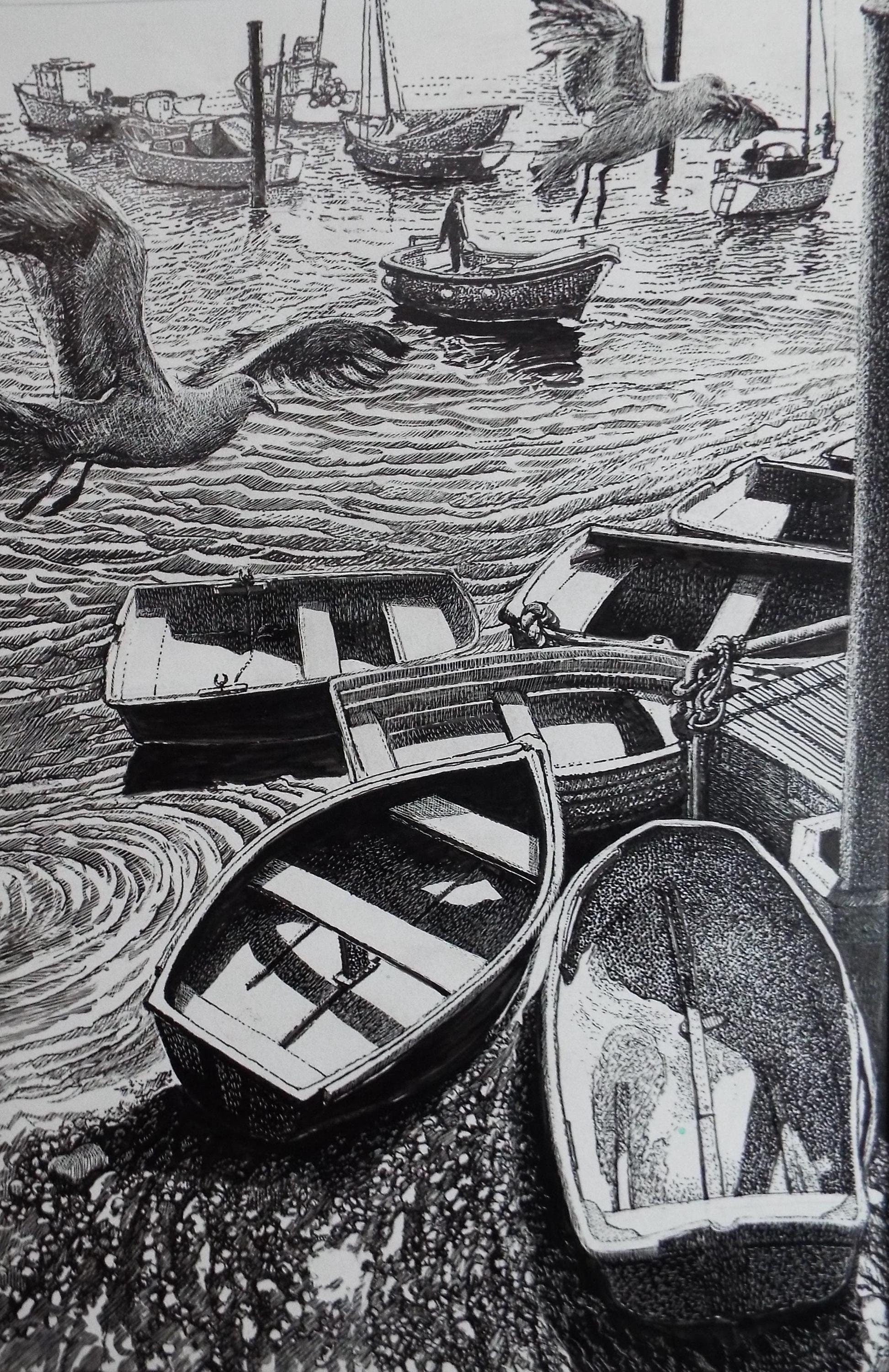 Original Scraperboard & ink drawing, 'Rowing Boats and seagulls', Lorraine Abraham RSMA (1941-2023), Circa 1990's